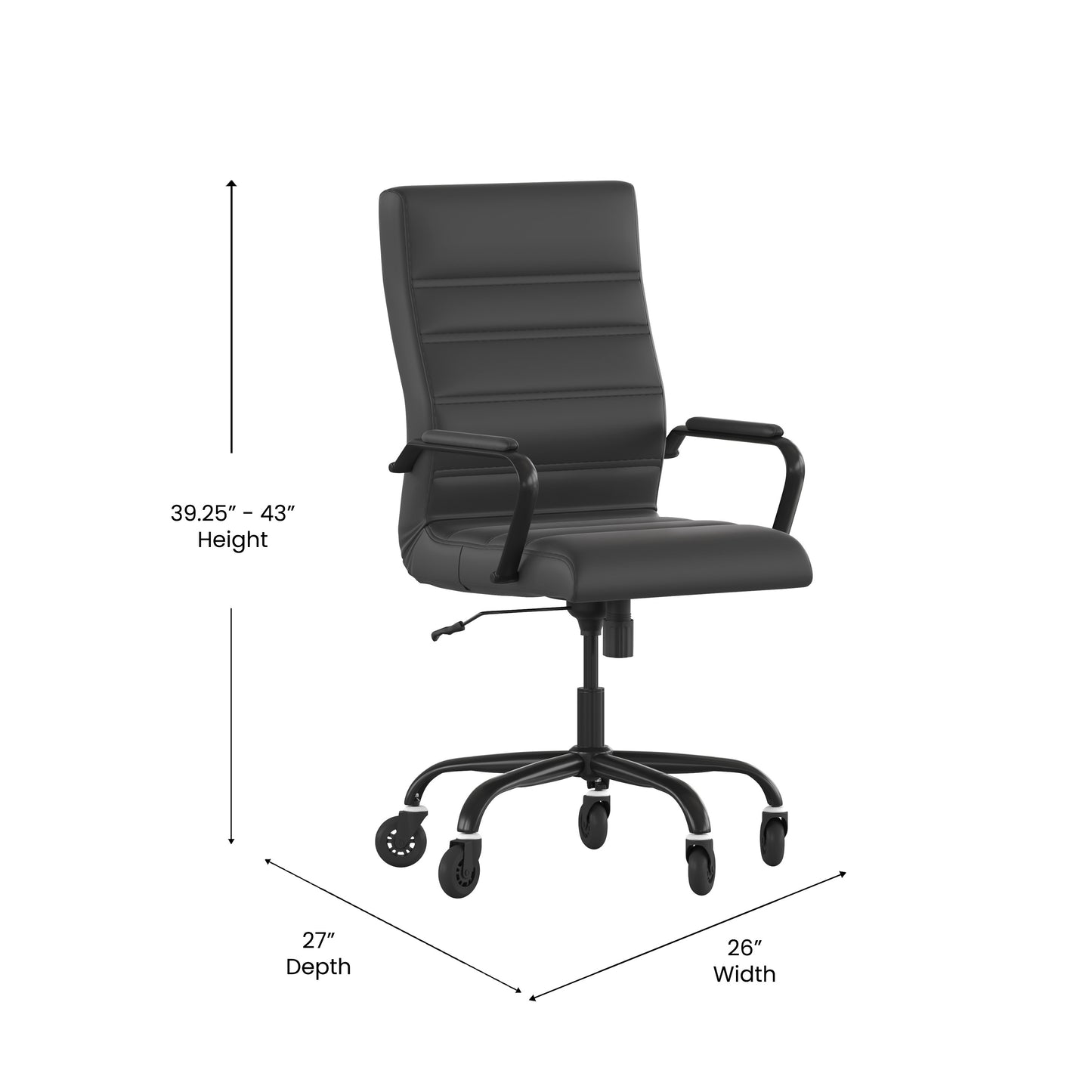 Whitney High Back Black LeatherSoft Executive Swivel Office Chair with Black Frame, Arms, and Transparent Roller Wheels Black LeatherSoft/Black Frame