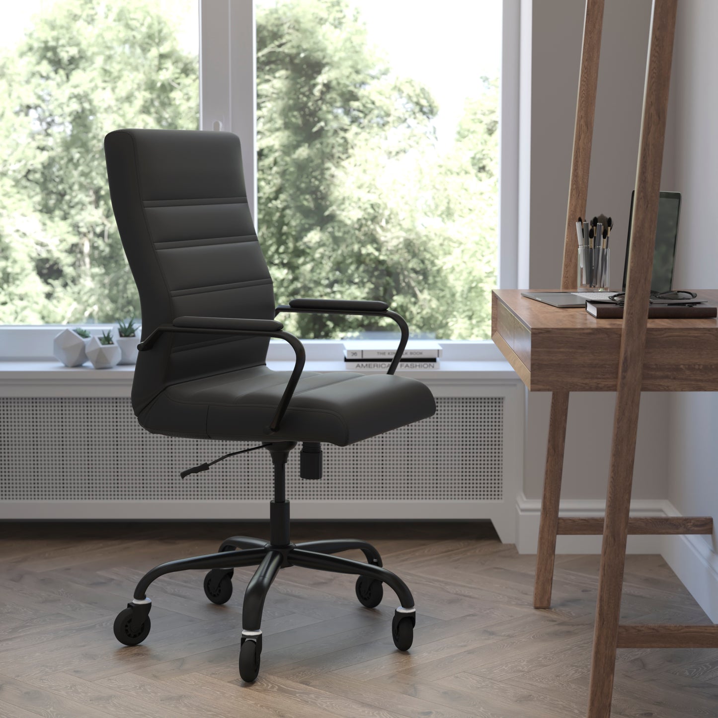 Whitney High Back Black LeatherSoft Executive Swivel Office Chair with Black Frame, Arms, and Transparent Roller Wheels Black LeatherSoft/Black Frame