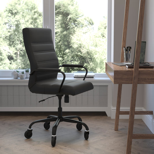 Whitney High Back Black LeatherSoft Executive Swivel Office Chair with Black Frame, Arms, and Transparent Roller Wheels Black LeatherSoft/Black Frame GO-2286H-BK-BK-RLB-GG