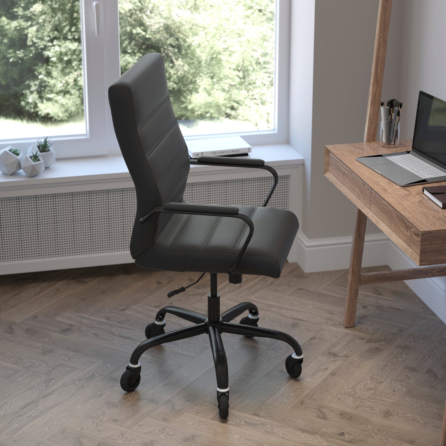 Whitney High Back Black LeatherSoft Executive Swivel Office Chair with Black Frame, Arms, and Transparent Roller Wheels Black LeatherSoft/Black Frame