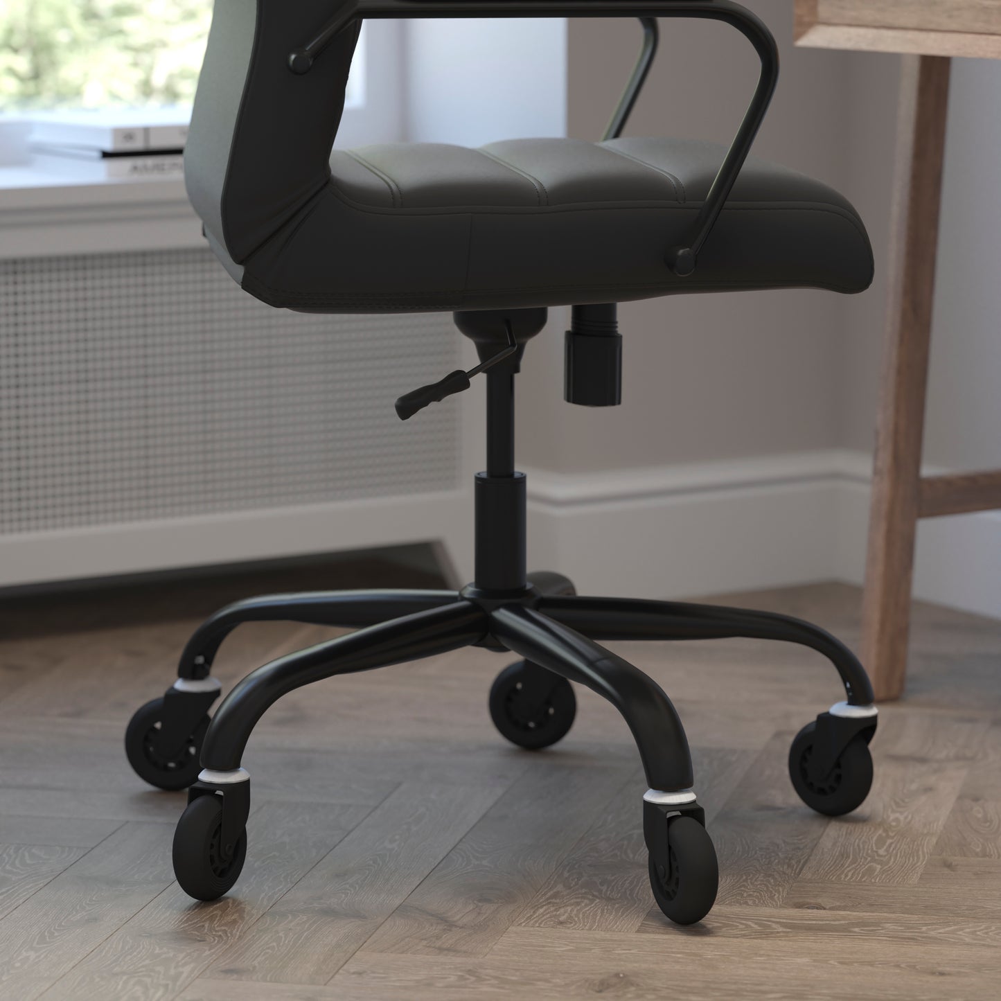 Whitney High Back Black LeatherSoft Executive Swivel Office Chair with Black Frame, Arms, and Transparent Roller Wheels Black LeatherSoft/Black Frame