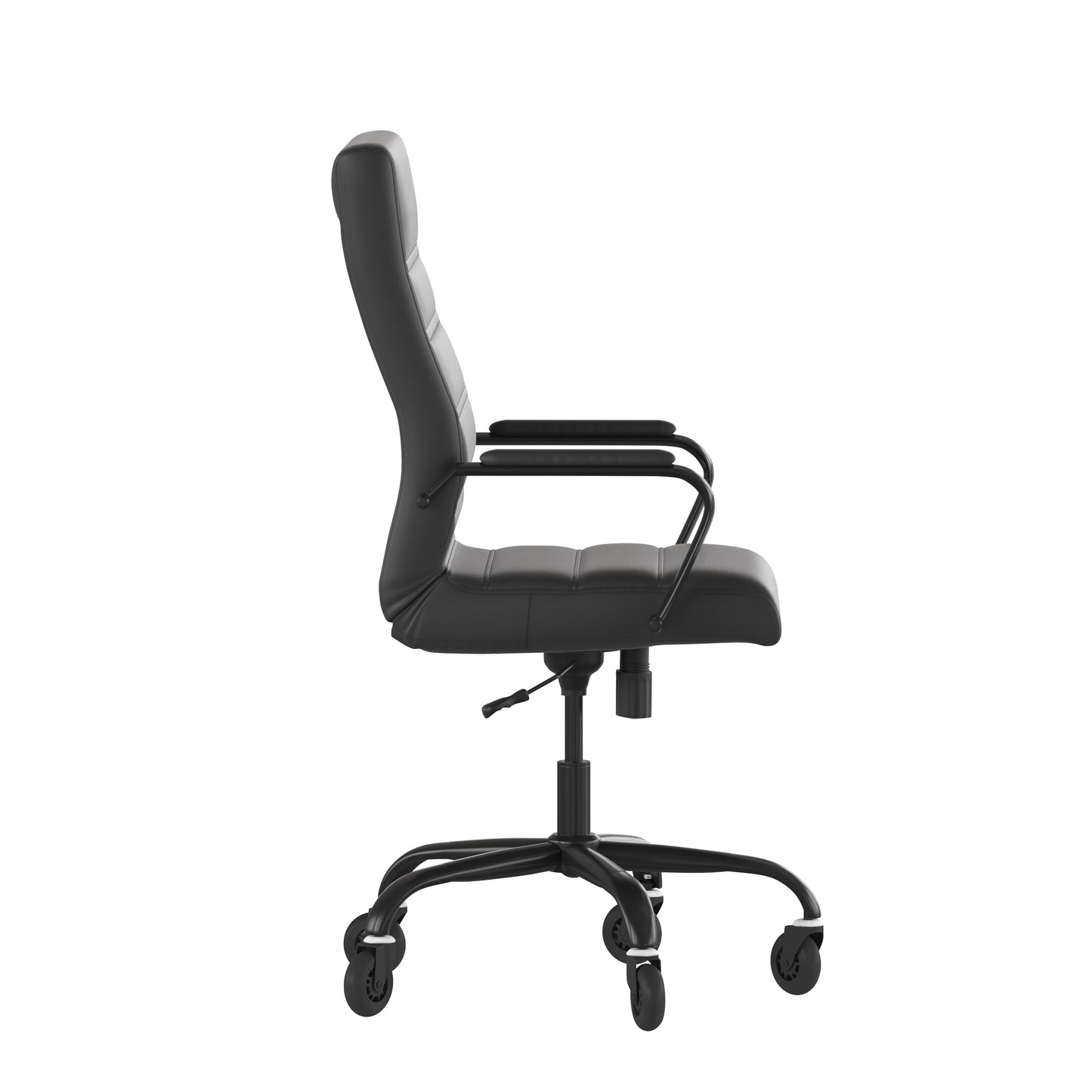 Whitney High Back Black LeatherSoft Executive Swivel Office Chair with Black Frame, Arms, and Transparent Roller Wheels Black LeatherSoft/Black Frame