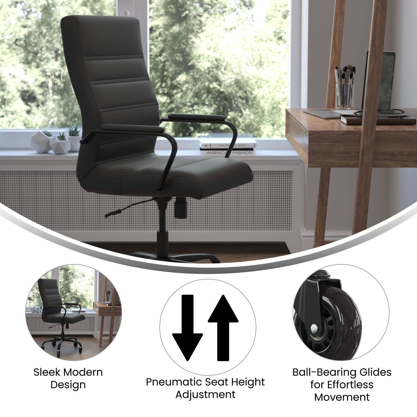 Whitney High Back Black LeatherSoft Executive Swivel Office Chair with Black Frame, Arms, and Transparent Roller Wheels Black LeatherSoft/Black Frame