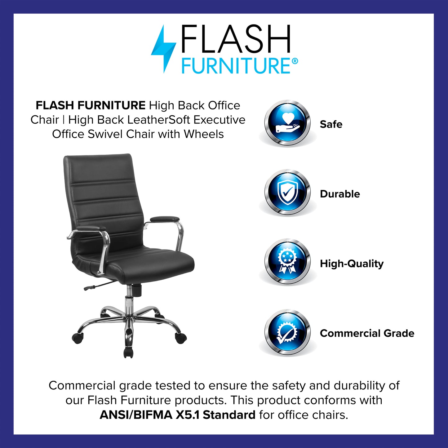Whitney High Back Black LeatherSoft Executive Swivel Office Chair with Chrome Frame and Arms Black LeatherSoft/Chrome Frame