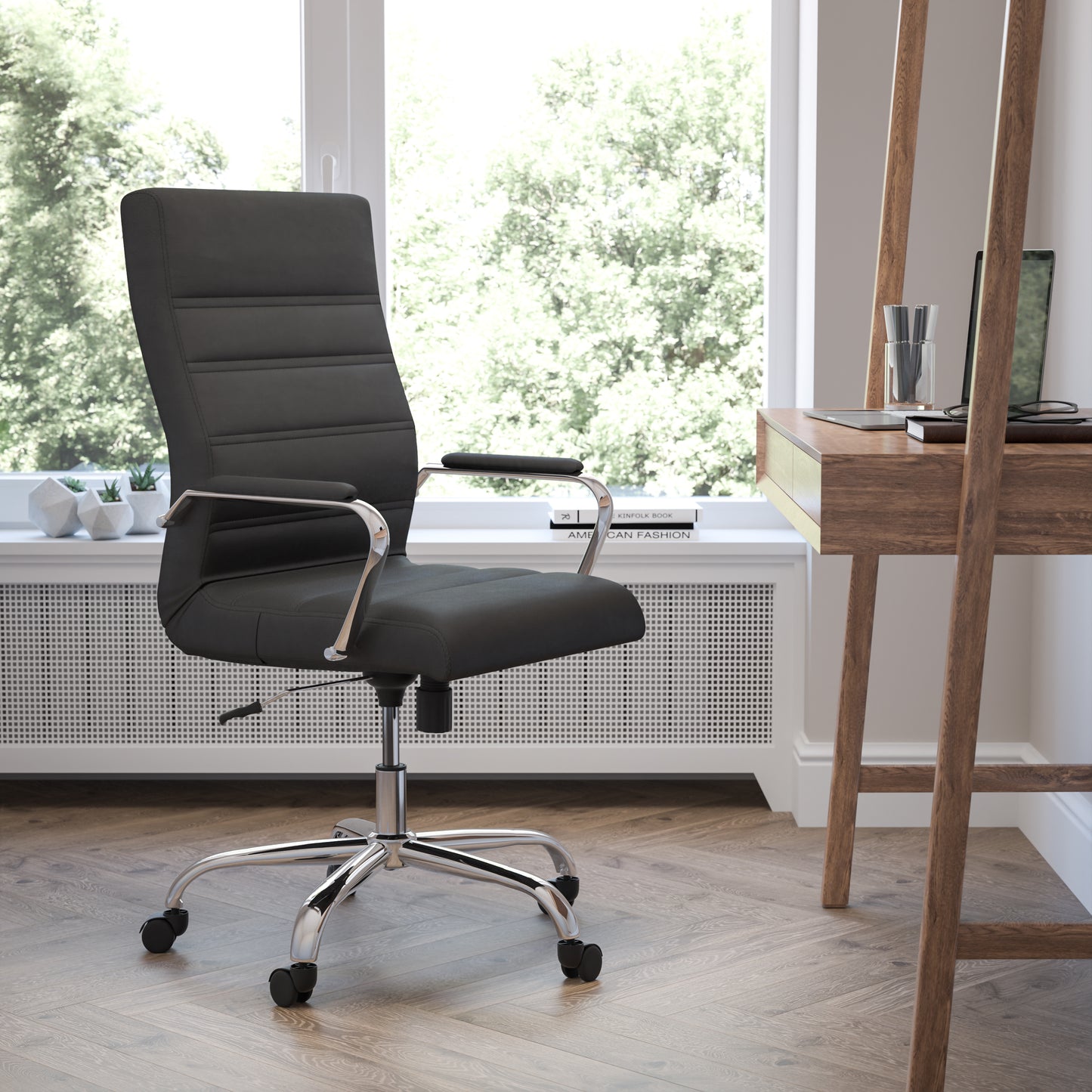 Whitney High Back Black LeatherSoft Executive Swivel Office Chair with Chrome Frame and Arms Black LeatherSoft/Chrome Frame