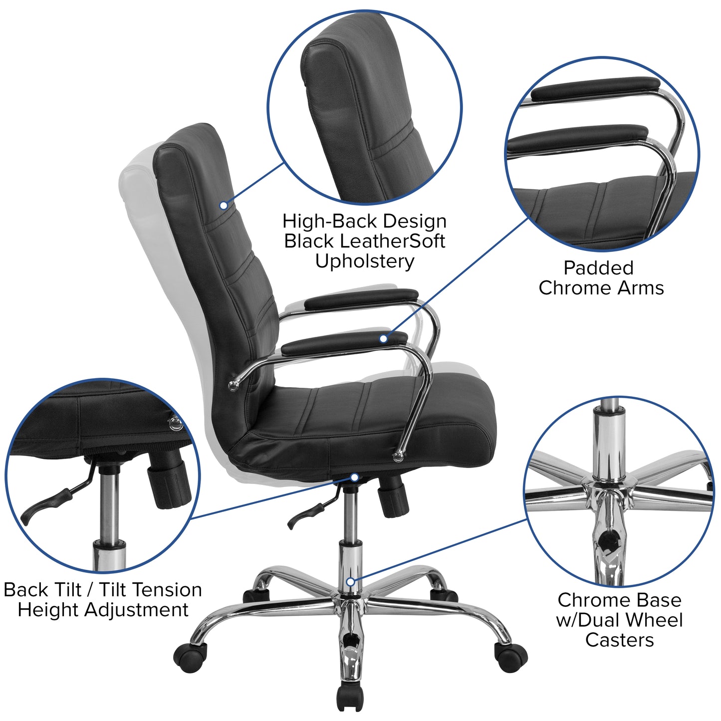 Whitney High Back Black LeatherSoft Executive Swivel Office Chair with Chrome Frame and Arms Black LeatherSoft/Chrome Frame