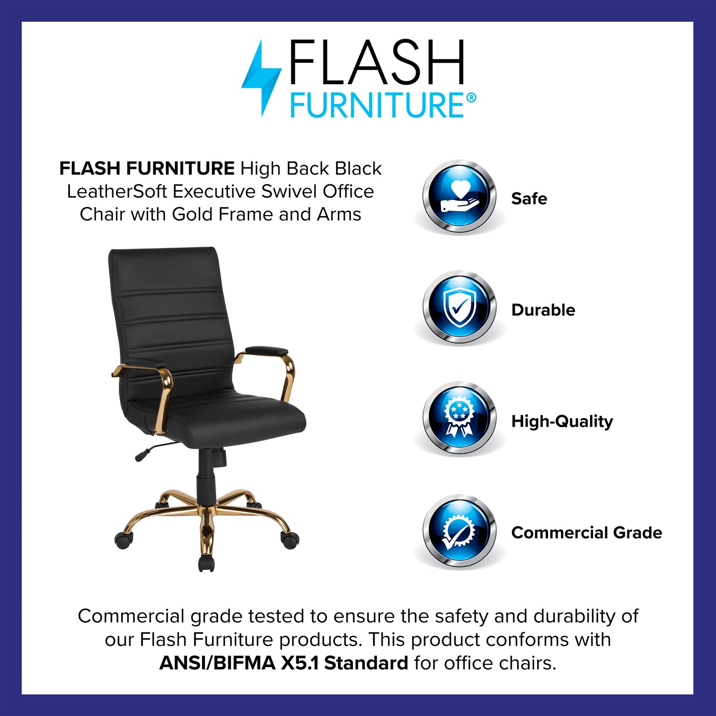 Whitney High Back Black LeatherSoft Executive Swivel Office Chair with Gold Frame and Arms Black LeatherSoft/Gold Frame