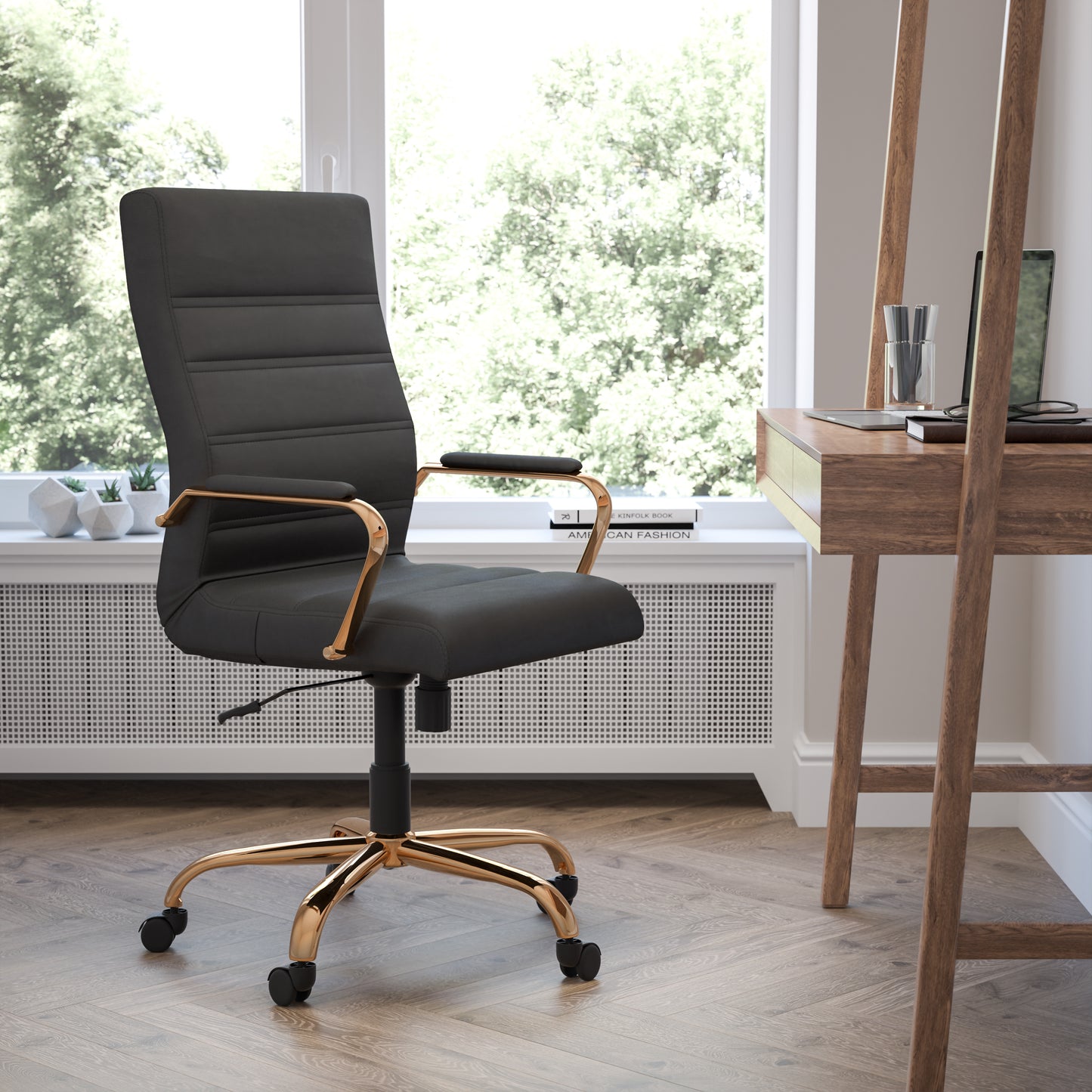 Whitney High Back Black LeatherSoft Executive Swivel Office Chair with Gold Frame and Arms Black LeatherSoft/Gold Frame