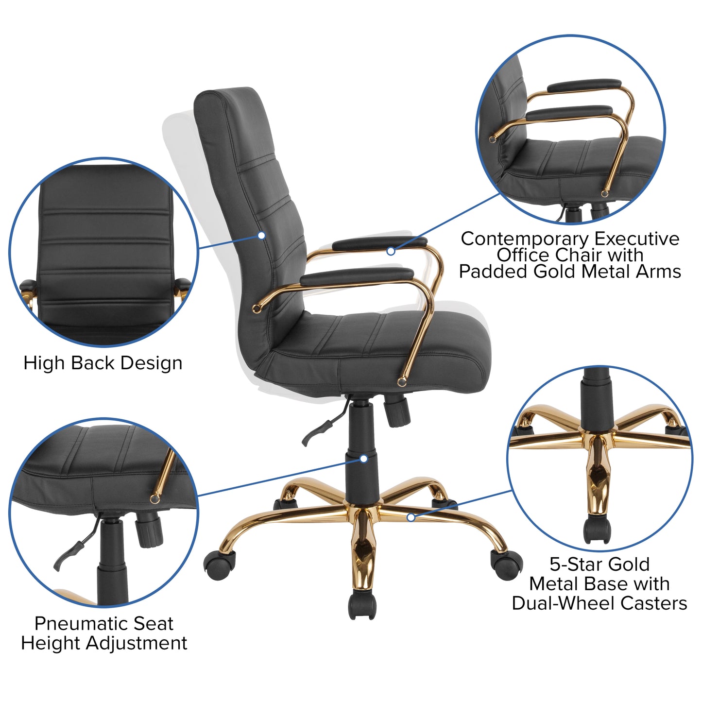 Whitney High Back Black LeatherSoft Executive Swivel Office Chair with Gold Frame and Arms Black LeatherSoft/Gold Frame