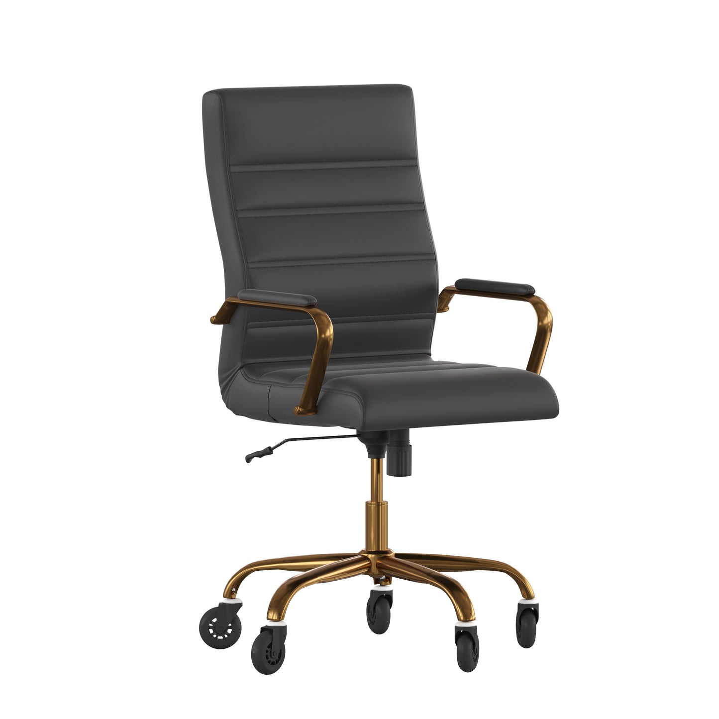 Whitney High Back Black LeatherSoft Executive Swivel Office Chair with Gold Frame, Arms, and Transparent Roller Wheels Black LeatherSoft/Gold Frame