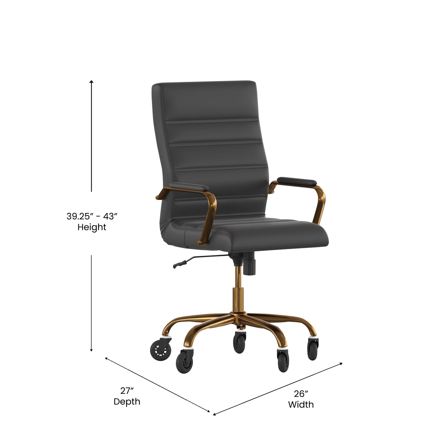 Whitney High Back Black LeatherSoft Executive Swivel Office Chair with Gold Frame, Arms, and Transparent Roller Wheels Black LeatherSoft/Gold Frame