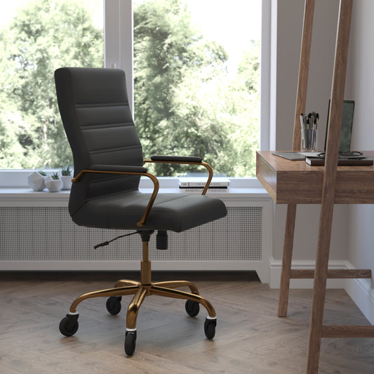 Whitney High Back Black LeatherSoft Executive Swivel Office Chair with Gold Frame, Arms, and Transparent Roller Wheels Black LeatherSoft/Gold Frame GO-2286H-BK-GLD-RLB-GG