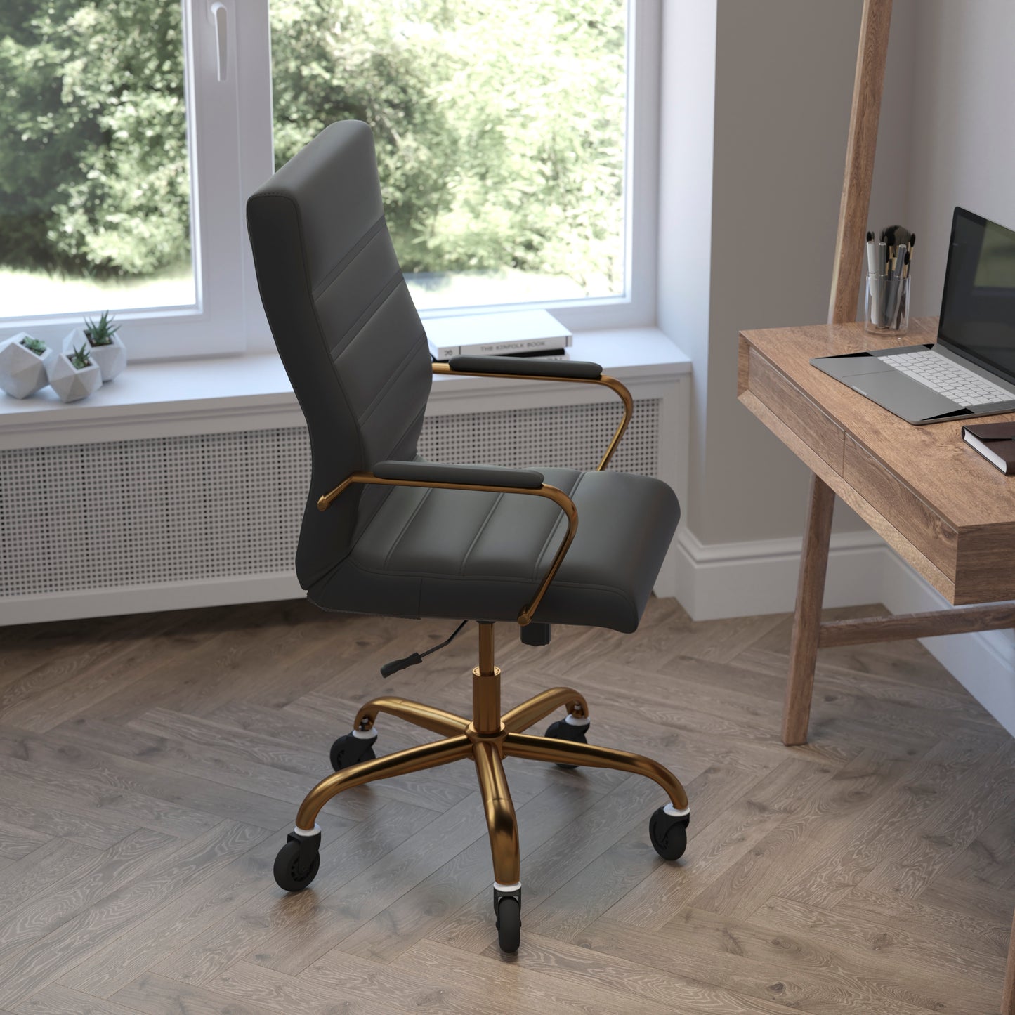 Whitney High Back Black LeatherSoft Executive Swivel Office Chair with Gold Frame, Arms, and Transparent Roller Wheels Black LeatherSoft/Gold Frame