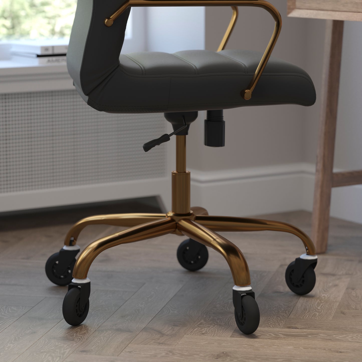 Whitney High Back Black LeatherSoft Executive Swivel Office Chair with Gold Frame, Arms, and Transparent Roller Wheels Black LeatherSoft/Gold Frame