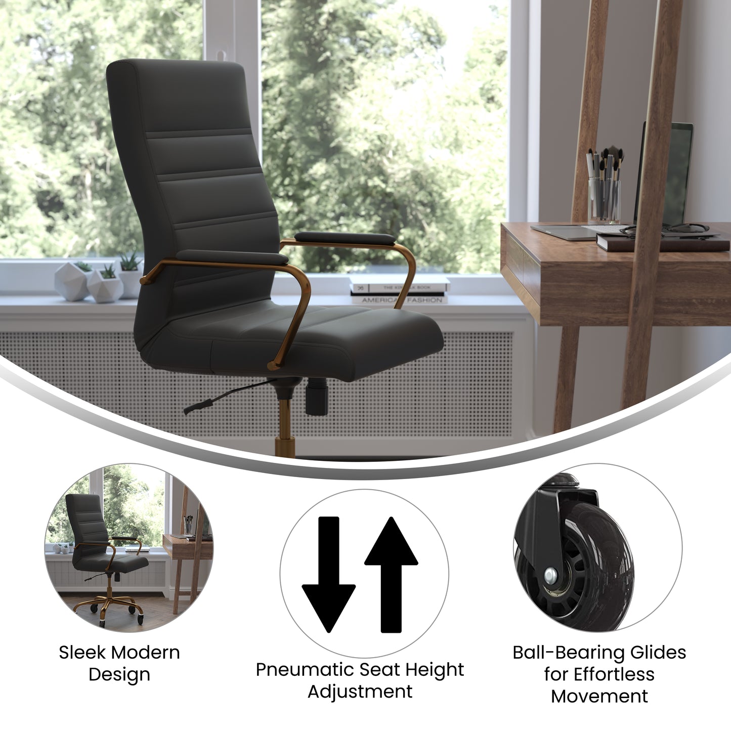 Whitney High Back Black LeatherSoft Executive Swivel Office Chair with Gold Frame, Arms, and Transparent Roller Wheels Black LeatherSoft/Gold Frame
