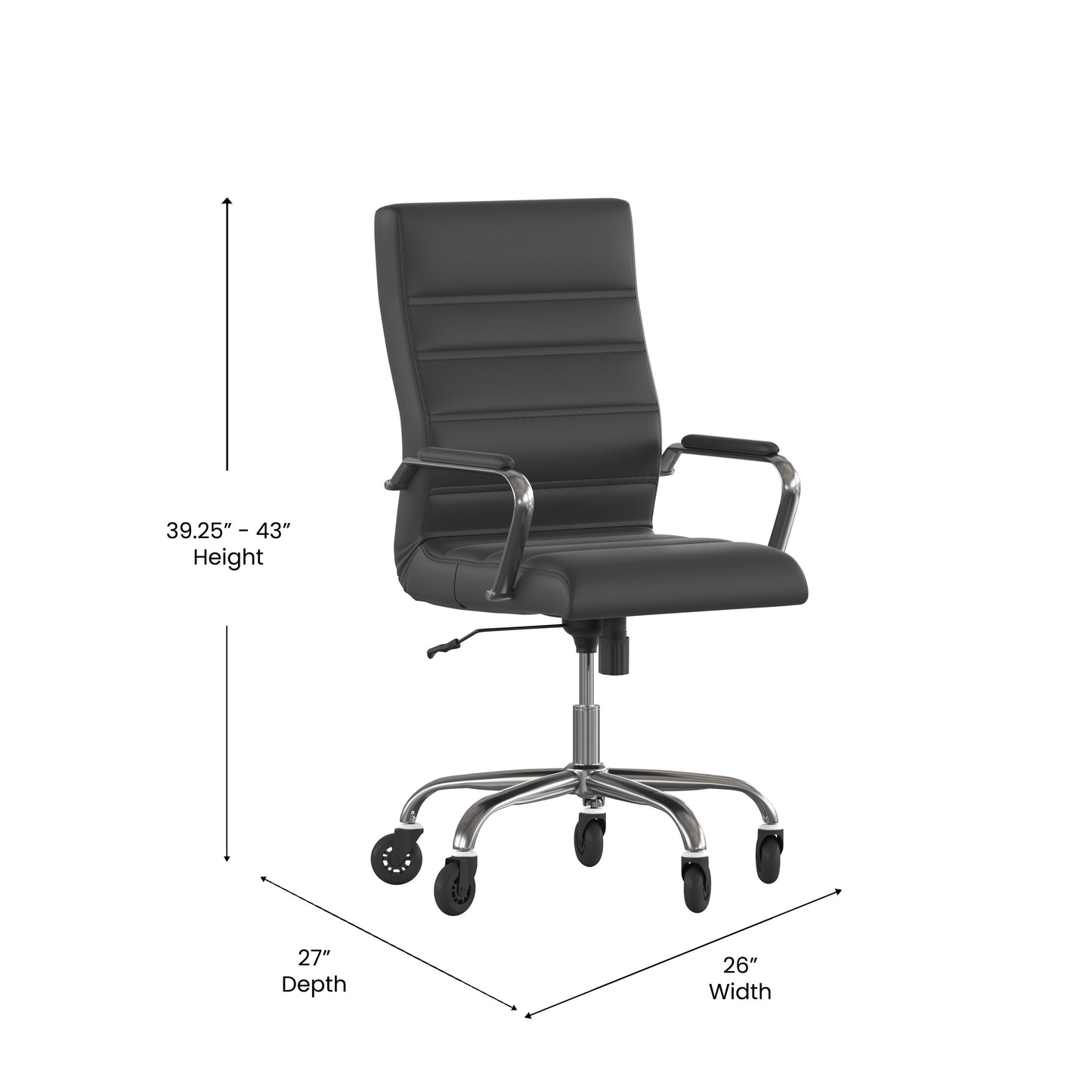 Whitney High Back Black LeatherSoft Executive Swivel Office Chair with Chrome Frame, Arms, and Transparent Roller Wheels Black LeatherSoft/Chrome Frame