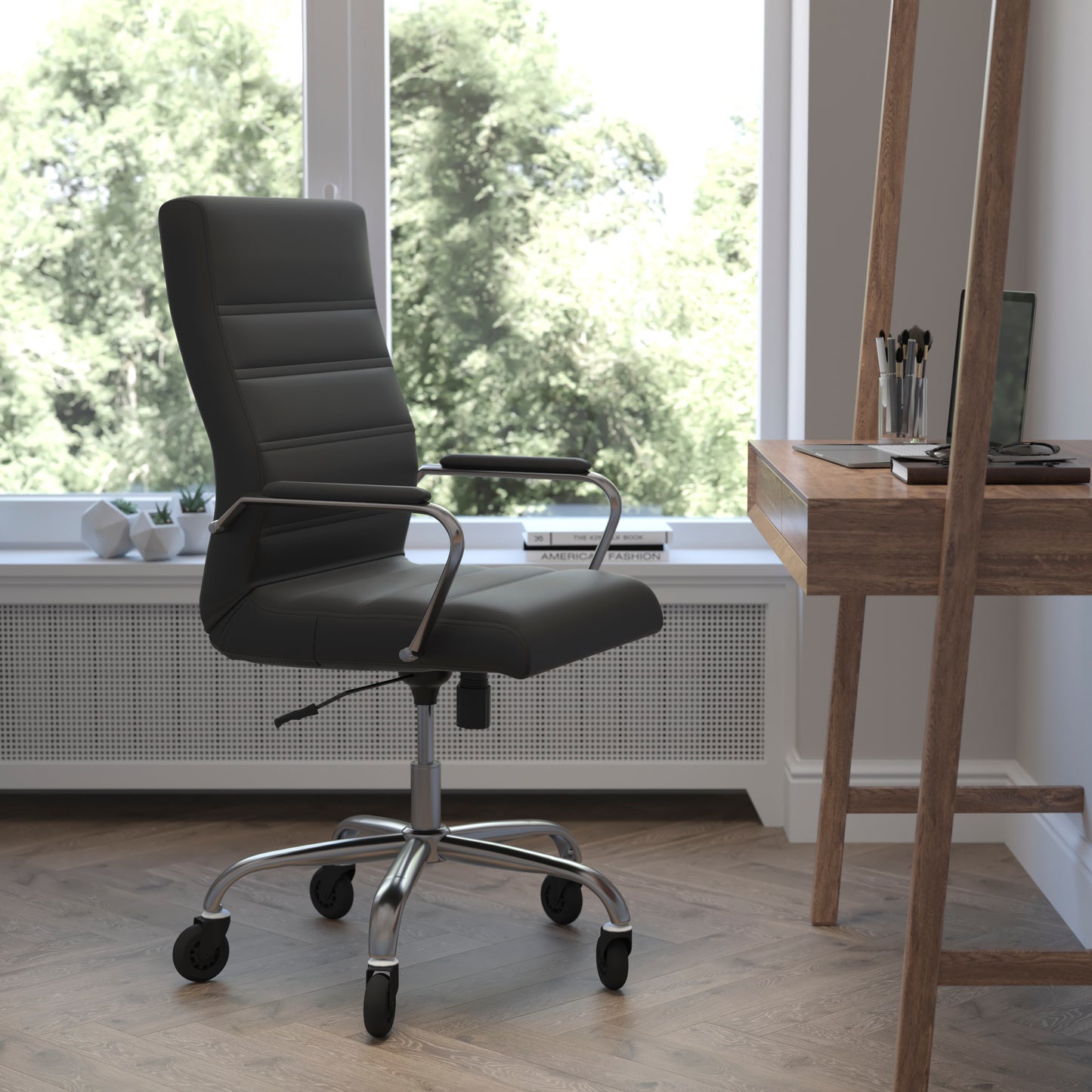 Whitney High Back Black LeatherSoft Executive Swivel Office Chair with Chrome Frame, Arms, and Transparent Roller Wheels Black LeatherSoft/Chrome Frame
