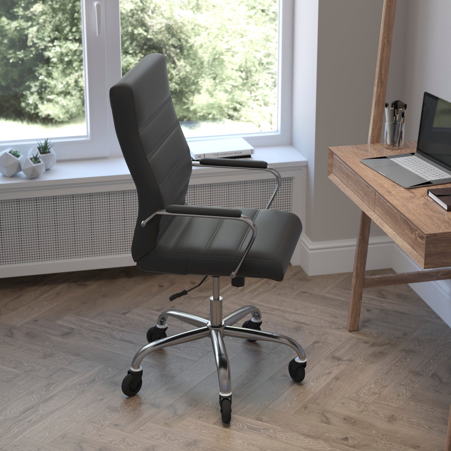 Whitney High Back Black LeatherSoft Executive Swivel Office Chair with Chrome Frame, Arms, and Transparent Roller Wheels Black LeatherSoft/Chrome Frame