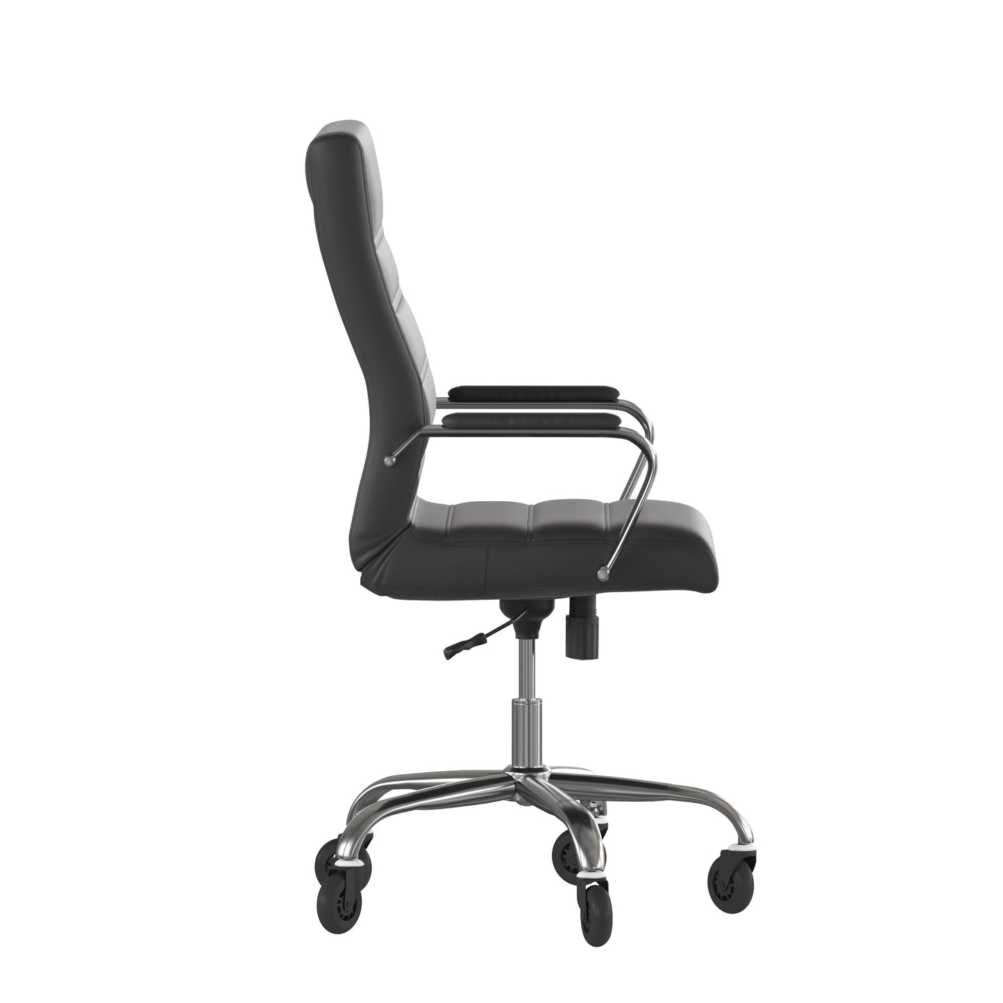 Whitney High Back Black LeatherSoft Executive Swivel Office Chair with Chrome Frame, Arms, and Transparent Roller Wheels Black LeatherSoft/Chrome Frame