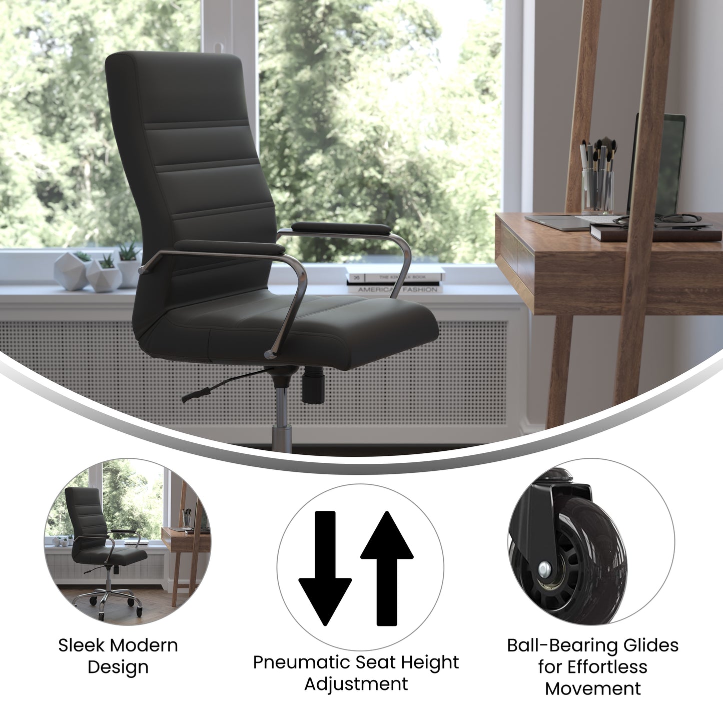 Whitney High Back Black LeatherSoft Executive Swivel Office Chair with Chrome Frame, Arms, and Transparent Roller Wheels Black LeatherSoft/Chrome Frame