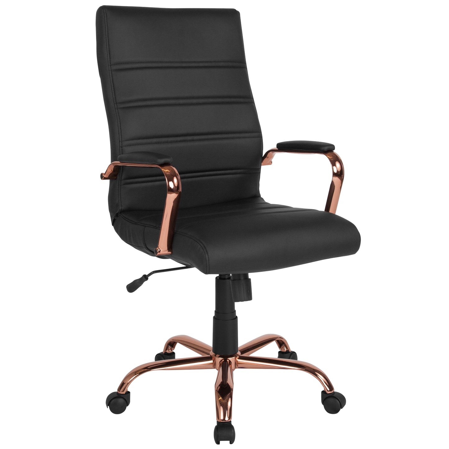 Whitney High Back Black LeatherSoft Executive Swivel Office Chair with Rose Gold Frame and Arms Black LeatherSoft/Rose Gold Frame
