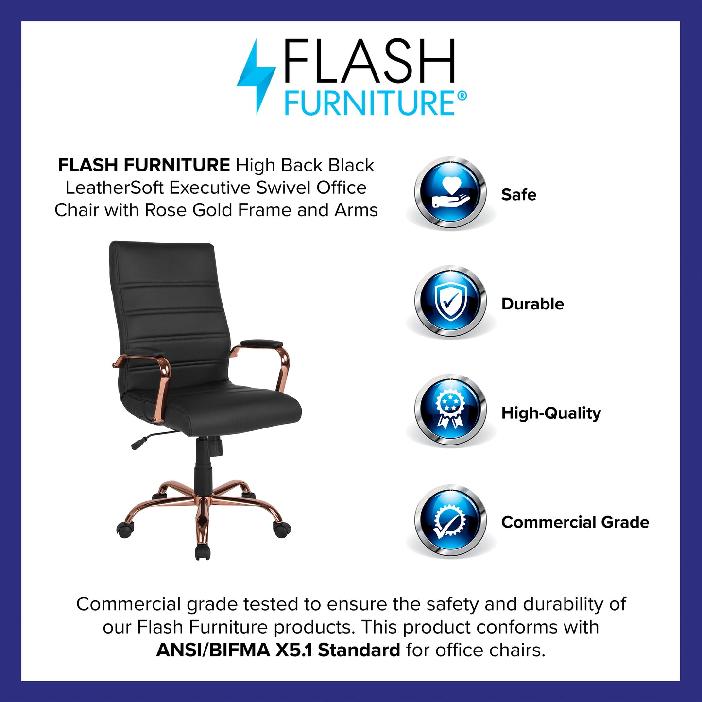 Whitney High Back Black LeatherSoft Executive Swivel Office Chair with Rose Gold Frame and Arms Black LeatherSoft/Rose Gold Frame