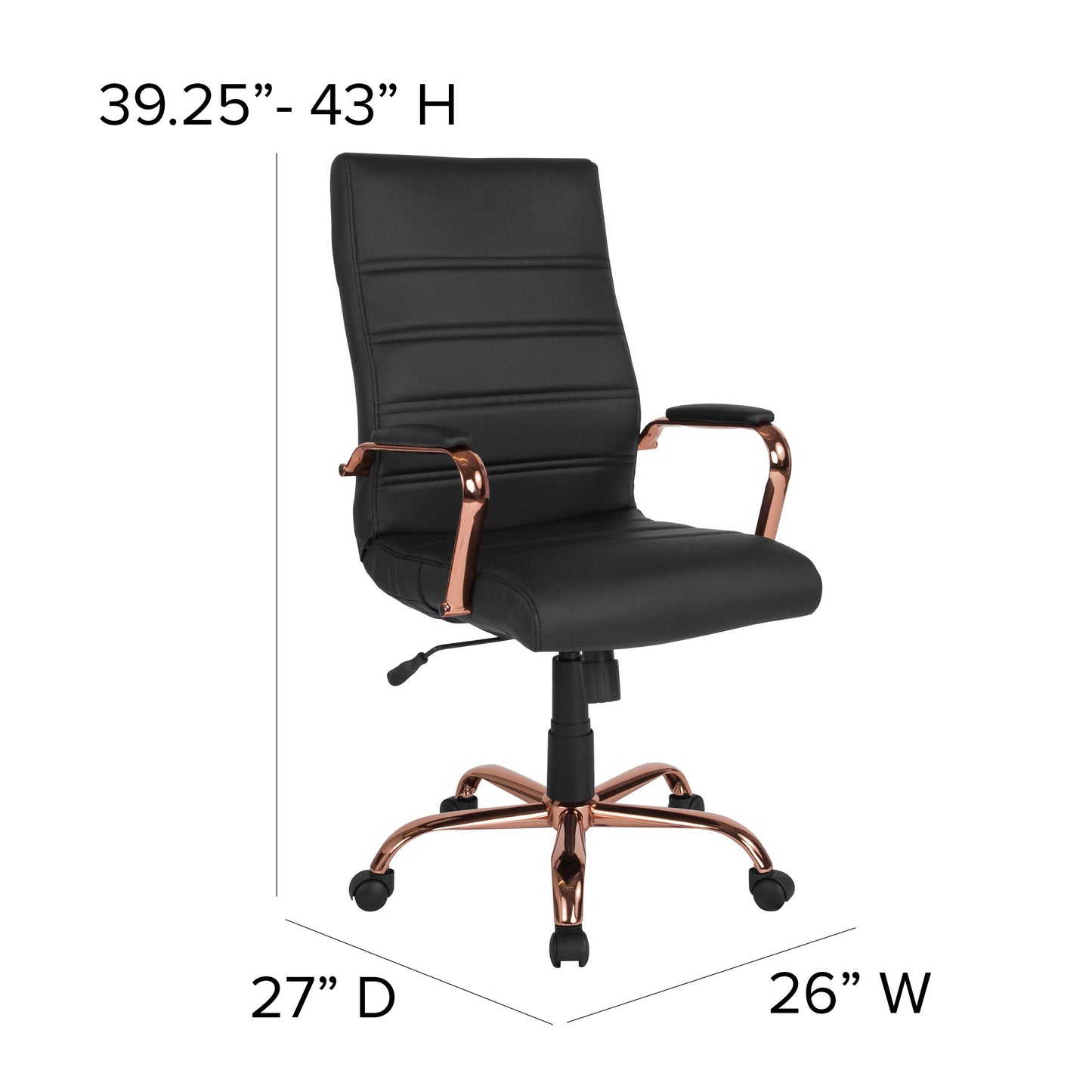 Whitney High Back Black LeatherSoft Executive Swivel Office Chair with Rose Gold Frame and Arms Black LeatherSoft/Rose Gold Frame