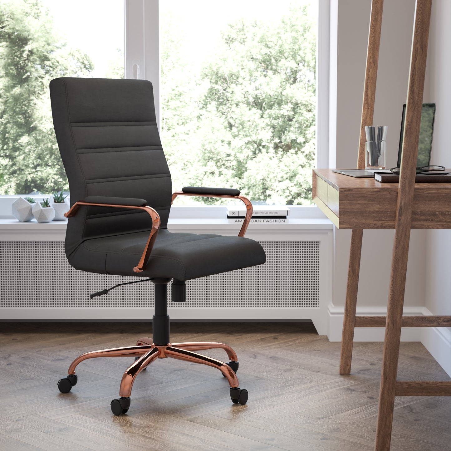 Whitney High Back Black LeatherSoft Executive Swivel Office Chair with Rose Gold Frame and Arms Black LeatherSoft/Rose Gold Frame