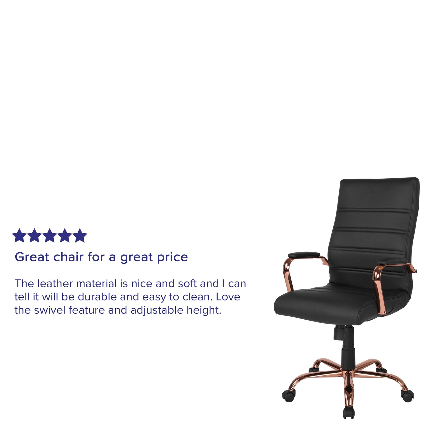 Whitney High Back Black LeatherSoft Executive Swivel Office Chair with Rose Gold Frame and Arms Black LeatherSoft/Rose Gold Frame