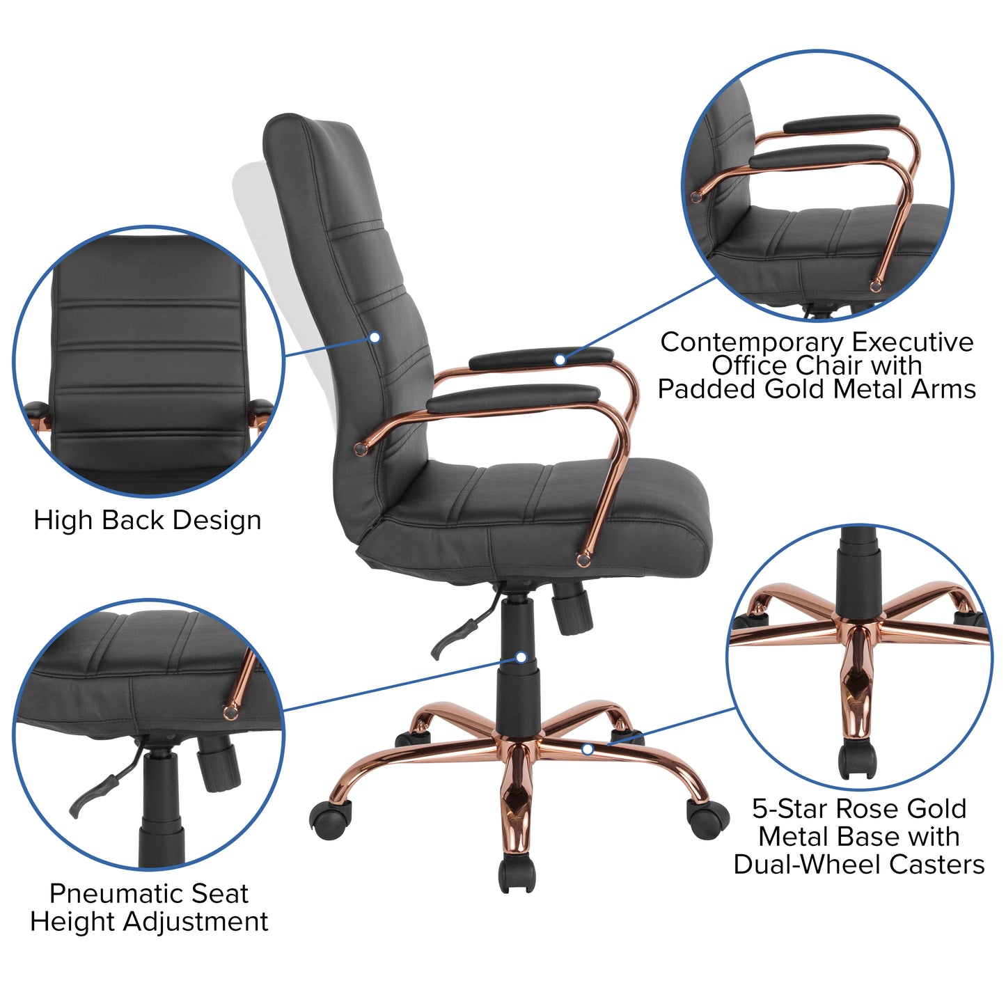 Whitney High Back Black LeatherSoft Executive Swivel Office Chair with Rose Gold Frame and Arms Black LeatherSoft/Rose Gold Frame