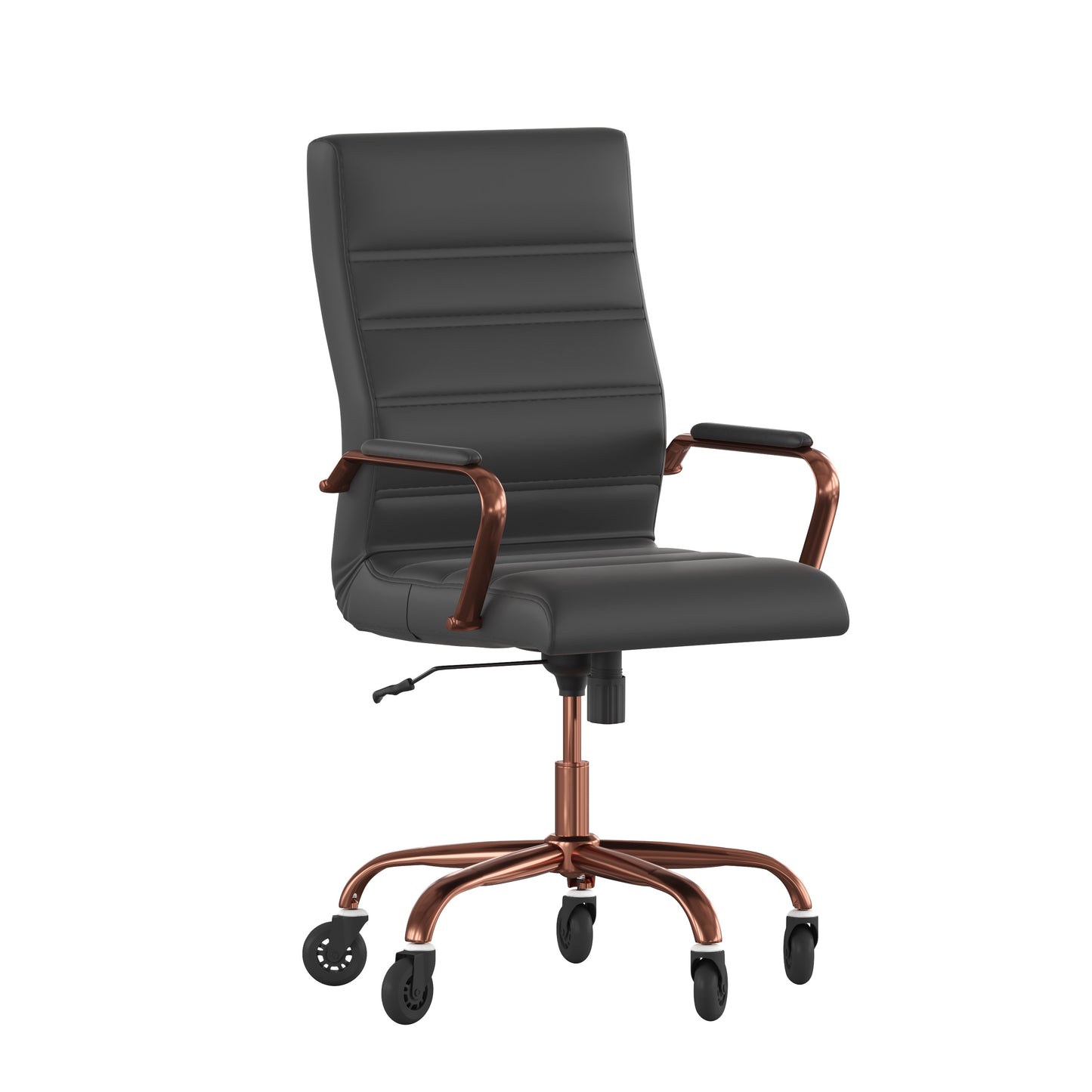 Whitney High Back Black LeatherSoft Executive Swivel Office Chair with Rose Gold Frame, Arms, and Transparent Roller Wheels Black LeatherSoft/Rose Gold Frame