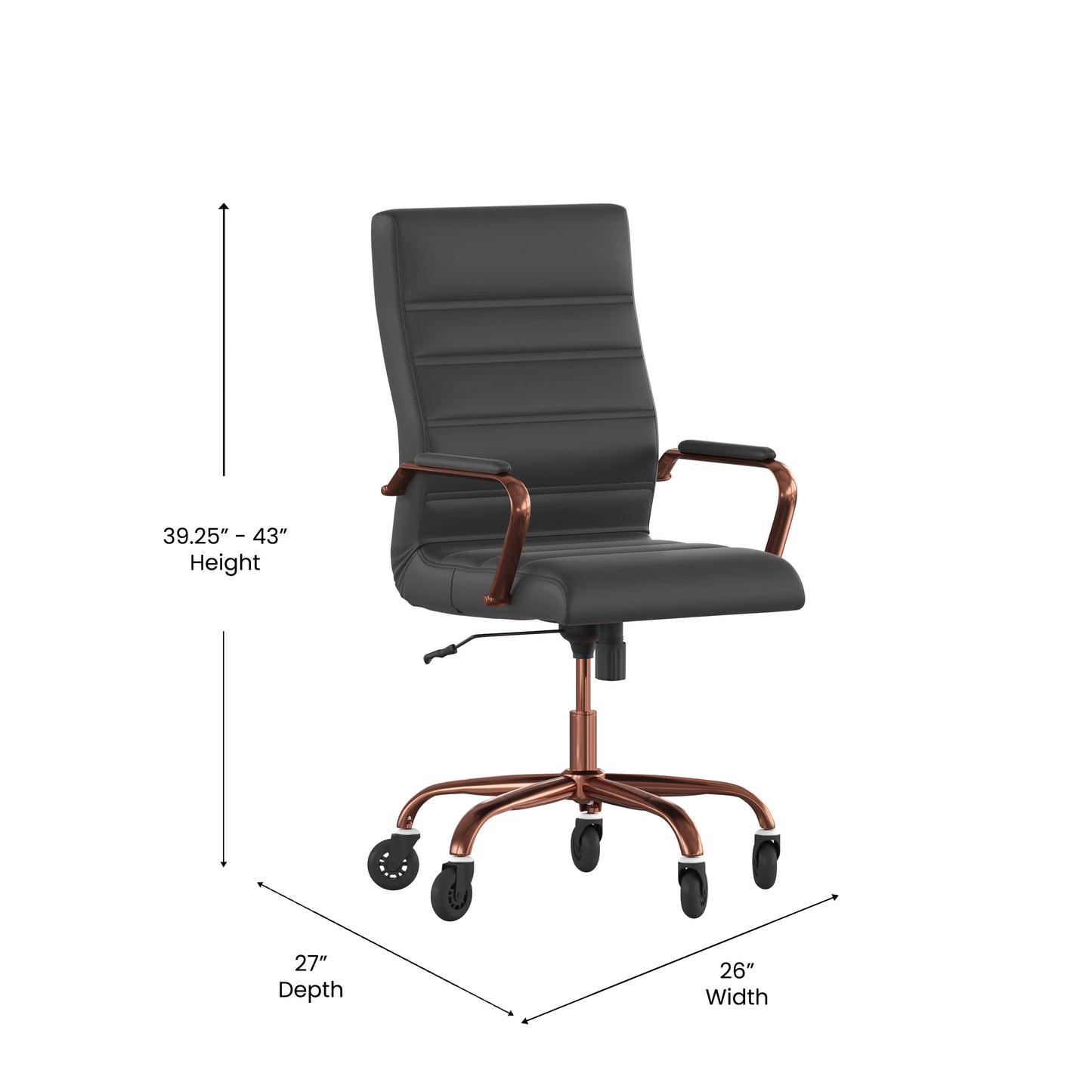 Whitney High Back Black LeatherSoft Executive Swivel Office Chair with Rose Gold Frame, Arms, and Transparent Roller Wheels Black LeatherSoft/Rose Gold Frame