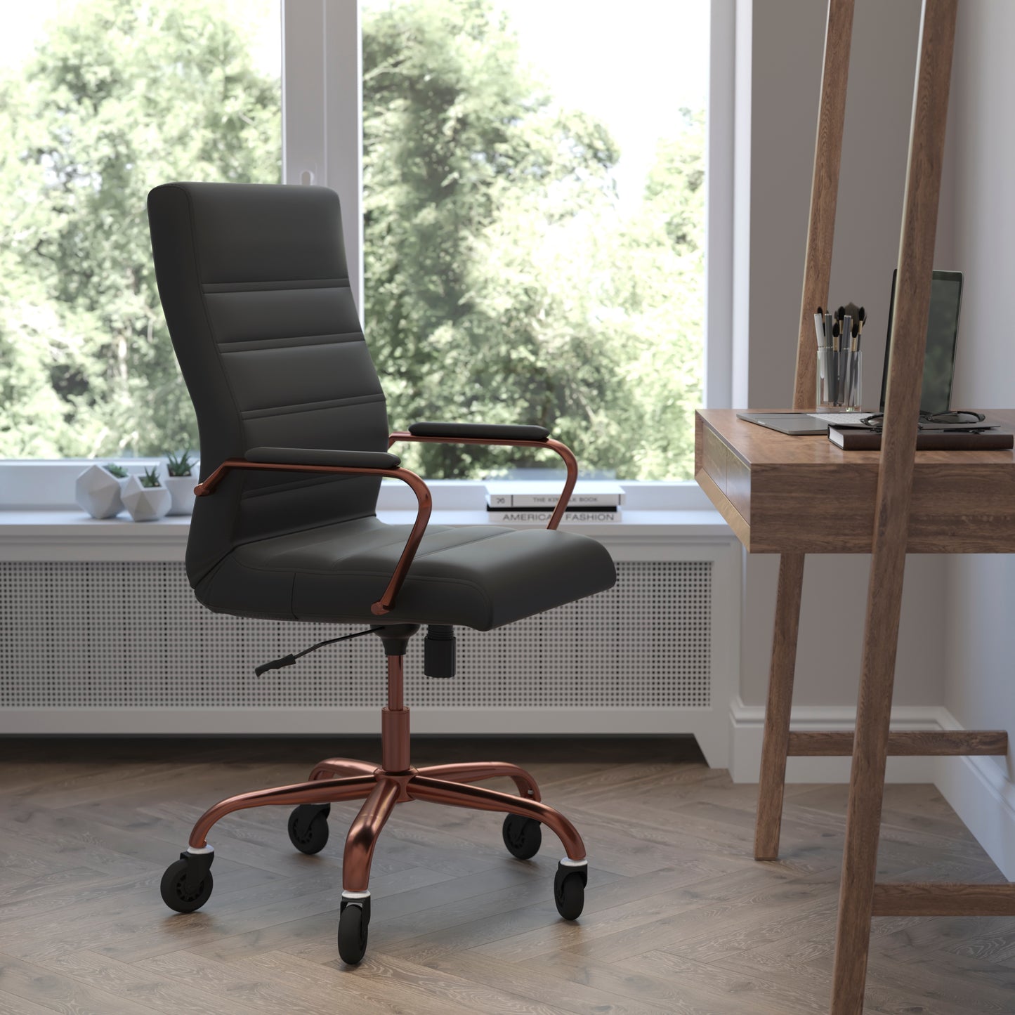 Whitney High Back Black LeatherSoft Executive Swivel Office Chair with Rose Gold Frame, Arms, and Transparent Roller Wheels Black LeatherSoft/Rose Gold Frame
