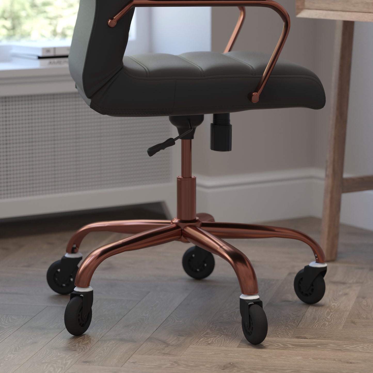 Whitney High Back Black LeatherSoft Executive Swivel Office Chair with Rose Gold Frame, Arms, and Transparent Roller Wheels Black LeatherSoft/Rose Gold Frame