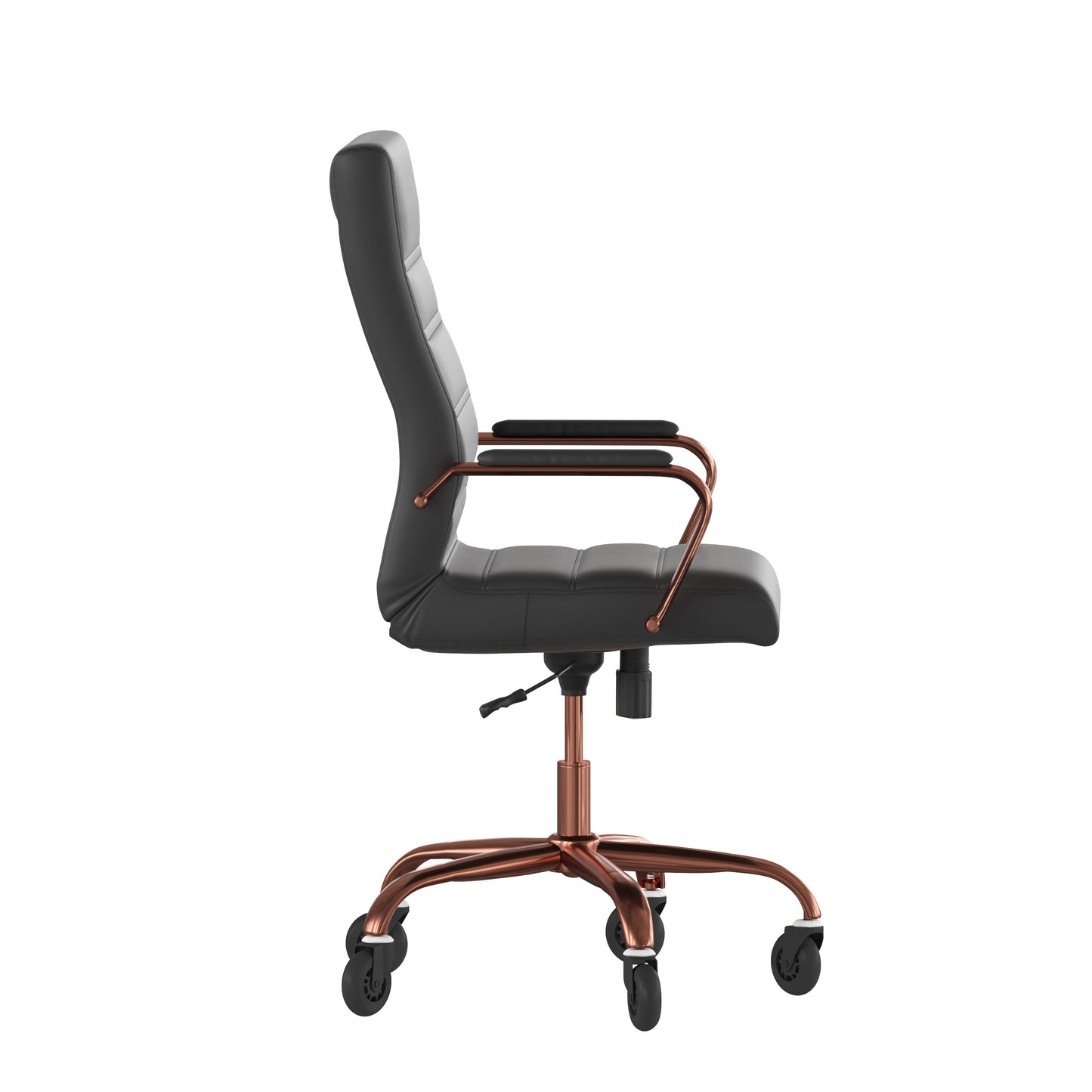 Whitney High Back Black LeatherSoft Executive Swivel Office Chair with Rose Gold Frame, Arms, and Transparent Roller Wheels Black LeatherSoft/Rose Gold Frame