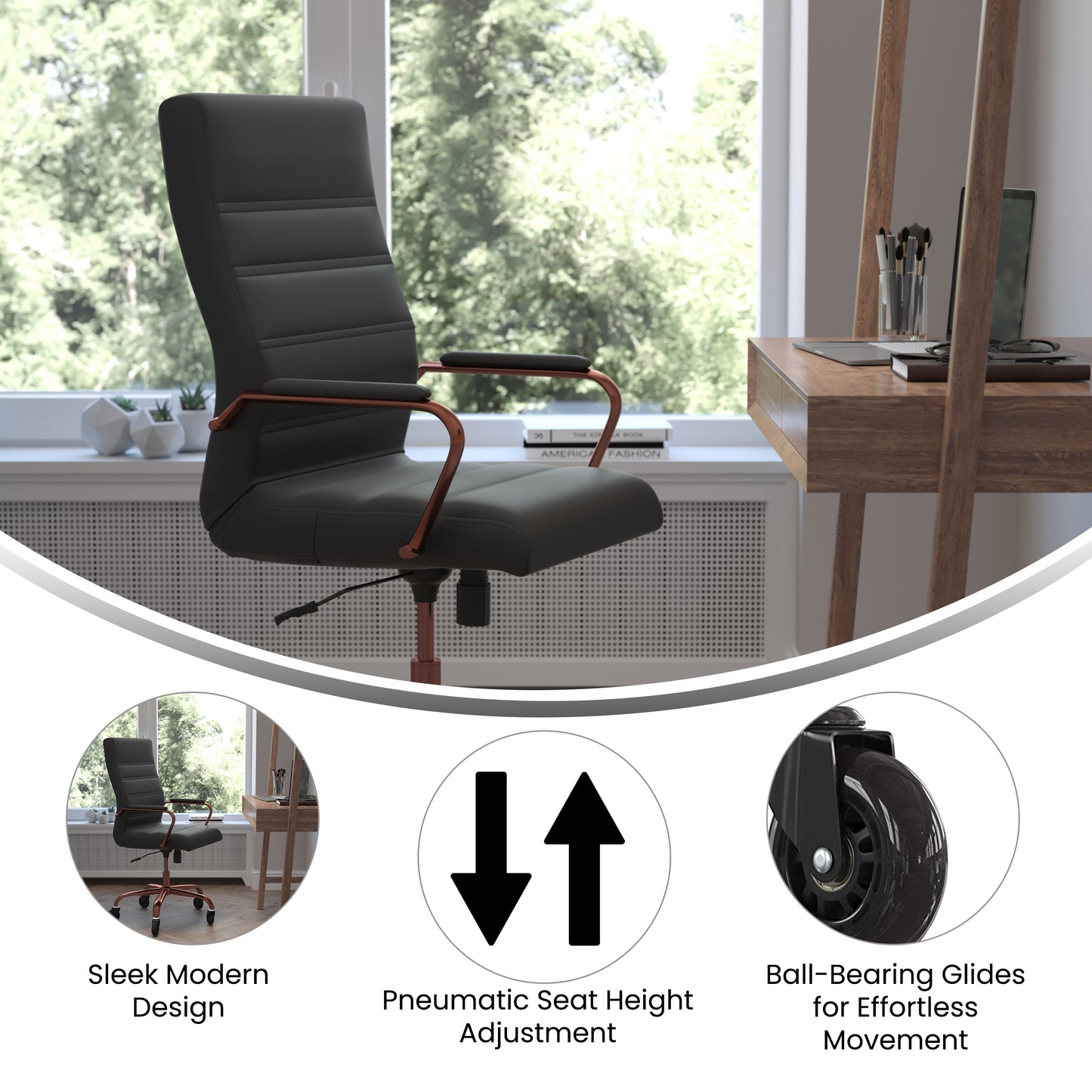 Whitney High Back Black LeatherSoft Executive Swivel Office Chair with Rose Gold Frame, Arms, and Transparent Roller Wheels Black LeatherSoft/Rose Gold Frame