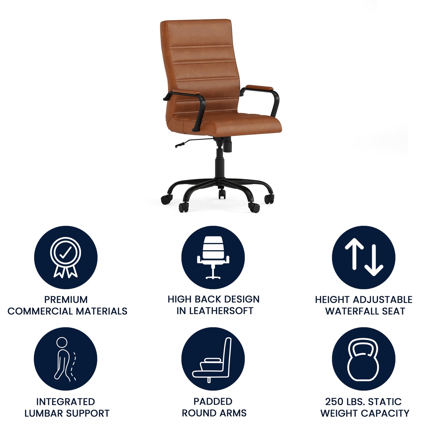 Whitney High Back Brown LeatherSoft Executive Swivel Office Chair with Black Frame and Arms Brown LeatherSoft/Black Frame