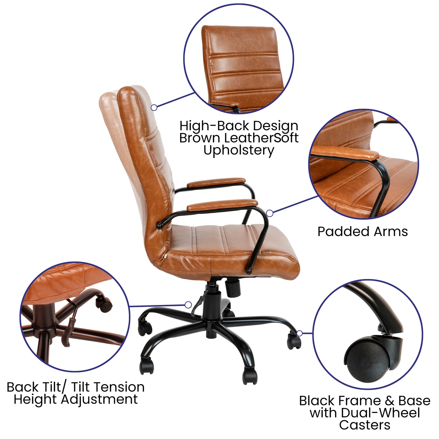 Whitney High Back Brown LeatherSoft Executive Swivel Office Chair with Black Frame and Arms Brown LeatherSoft/Black Frame