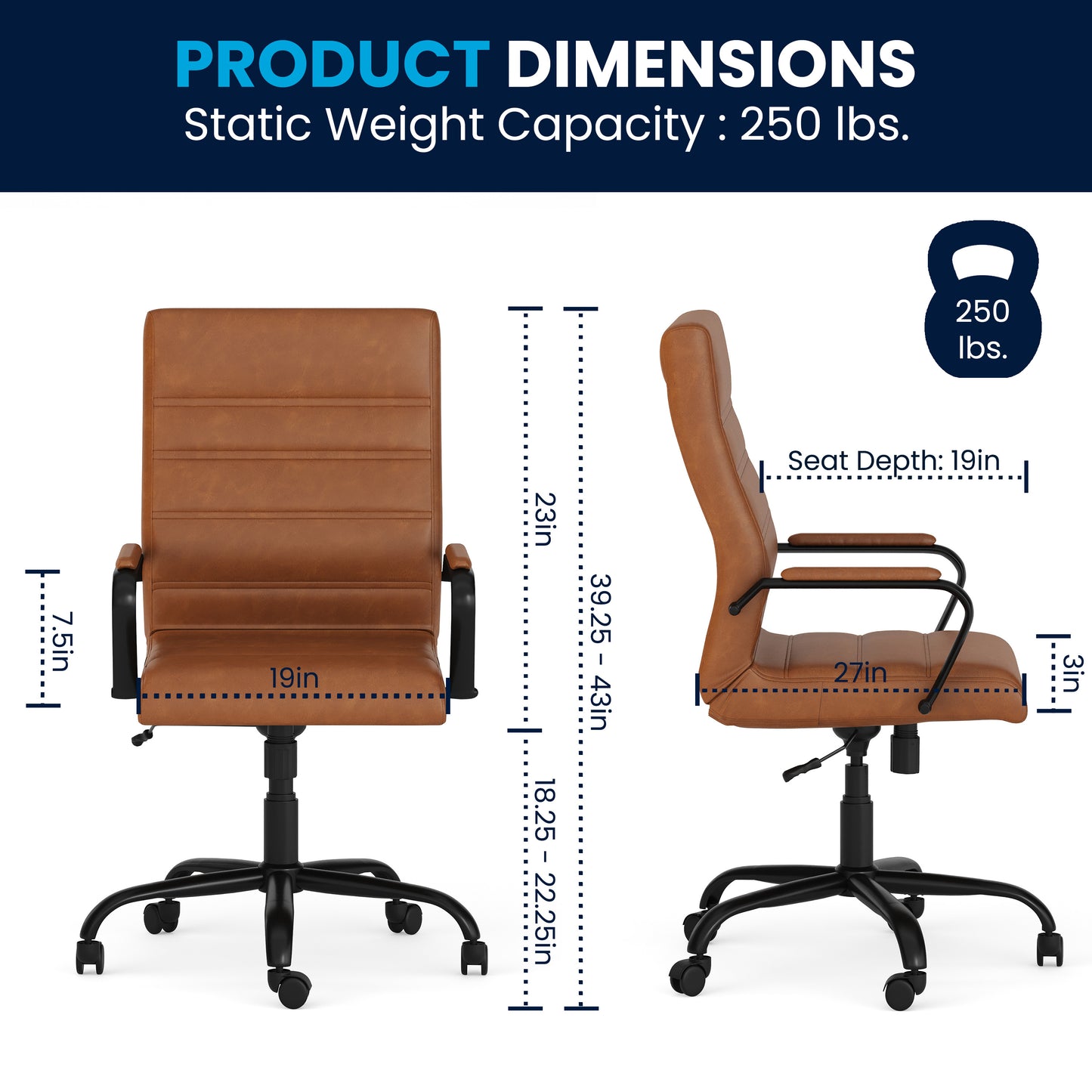 Whitney High Back Brown LeatherSoft Executive Swivel Office Chair with Black Frame and Arms Brown LeatherSoft/Black Frame
