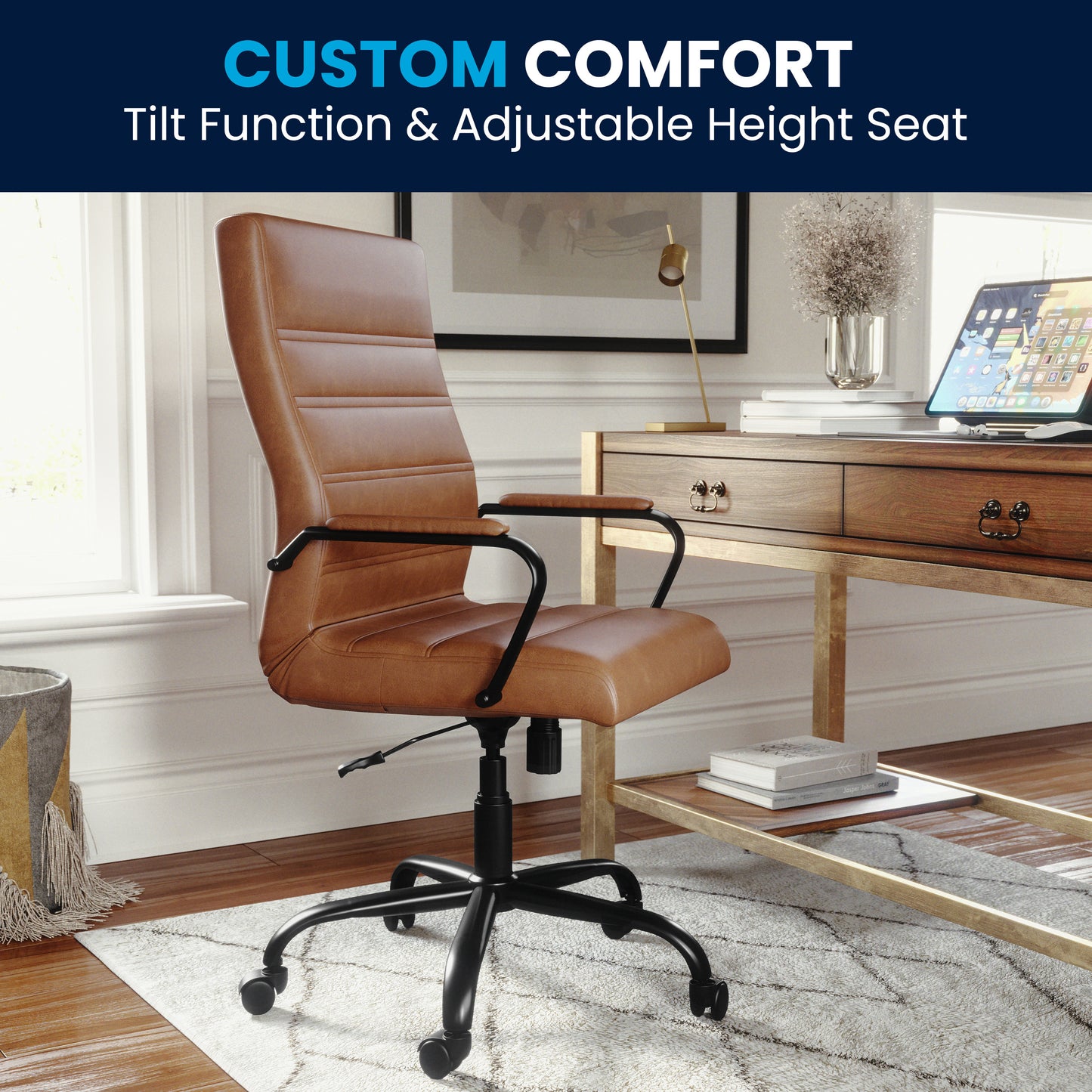 Whitney High Back Brown LeatherSoft Executive Swivel Office Chair with Black Frame and Arms Brown LeatherSoft/Black Frame