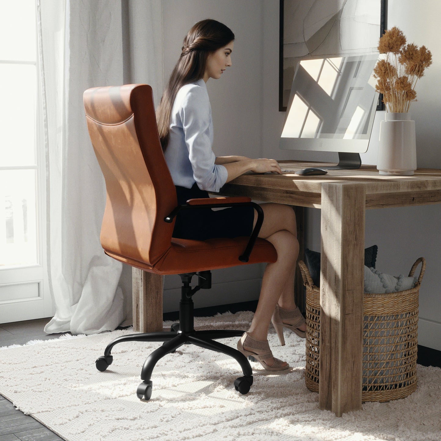 Whitney High Back Brown LeatherSoft Executive Swivel Office Chair with Black Frame and Arms Brown LeatherSoft/Black Frame