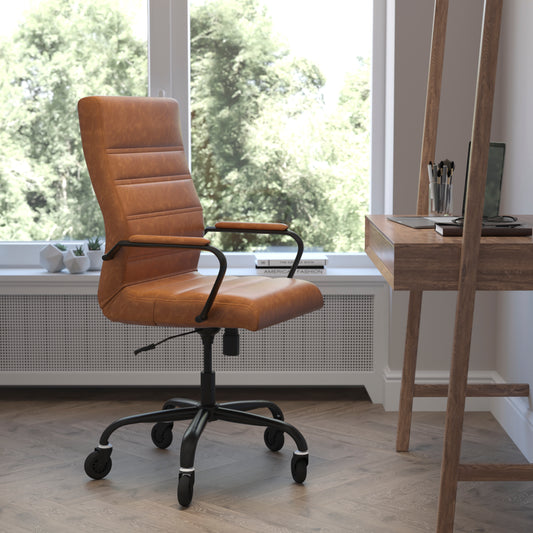 Whitney High Back Brown LeatherSoft Executive Swivel Office Chair with Black Frame, Arms, and Transparent Roller Wheels Brown LeatherSoft/Black Frame GO-2286H-BR-BK-RLB-GG
