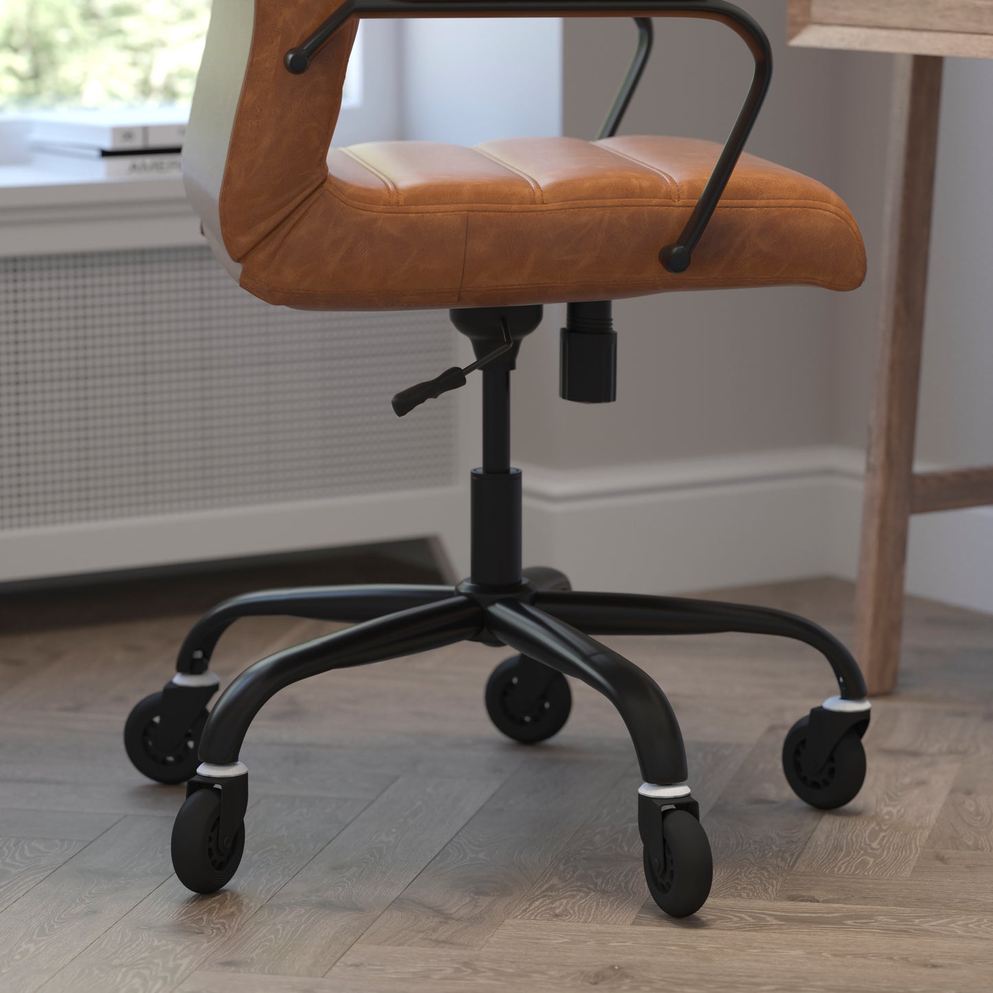 Whitney High Back Brown LeatherSoft Executive Swivel Office Chair with Black Frame, Arms, and Transparent Roller Wheels Brown LeatherSoft/Black Frame
