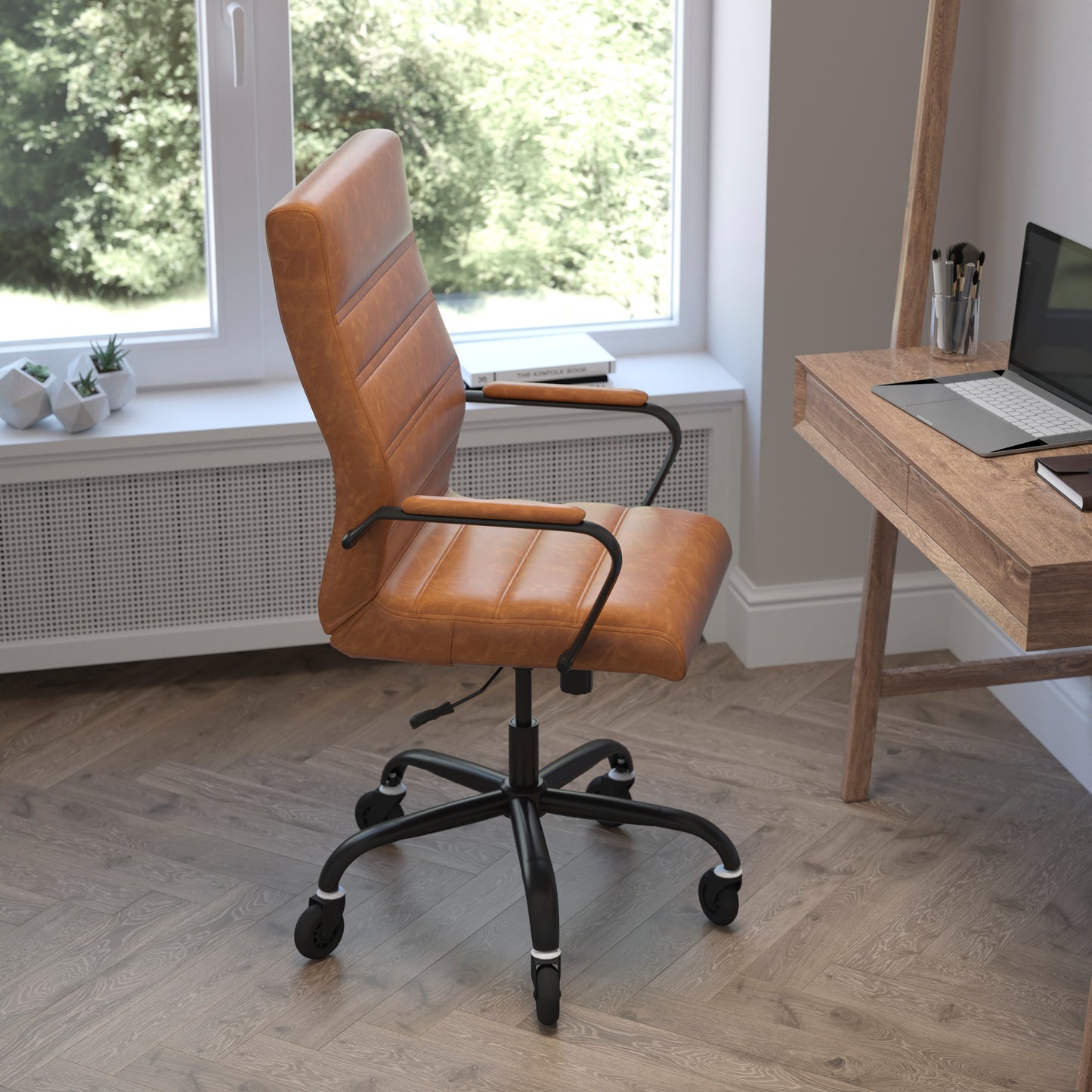 Whitney High Back Brown LeatherSoft Executive Swivel Office Chair with Black Frame, Arms, and Transparent Roller Wheels Brown LeatherSoft/Black Frame