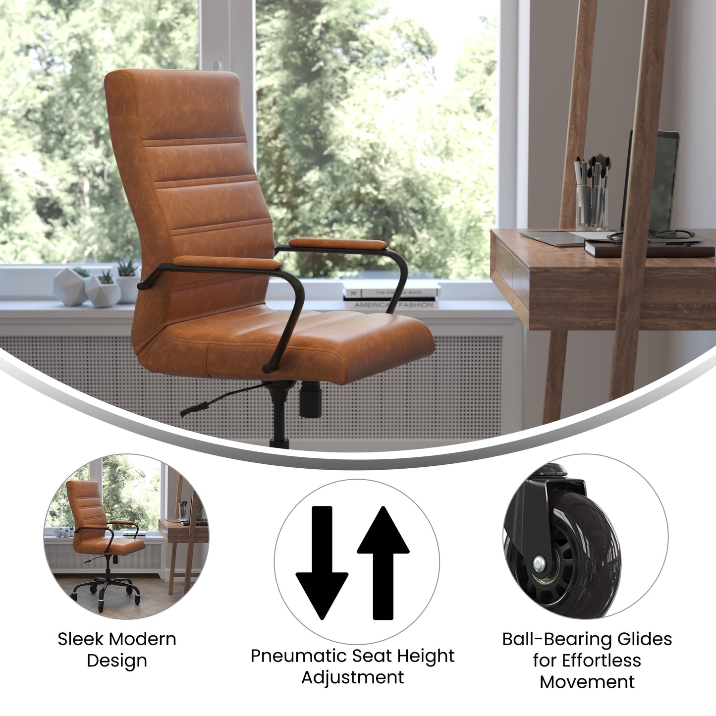 Whitney High Back Brown LeatherSoft Executive Swivel Office Chair with Black Frame, Arms, and Transparent Roller Wheels Brown LeatherSoft/Black Frame