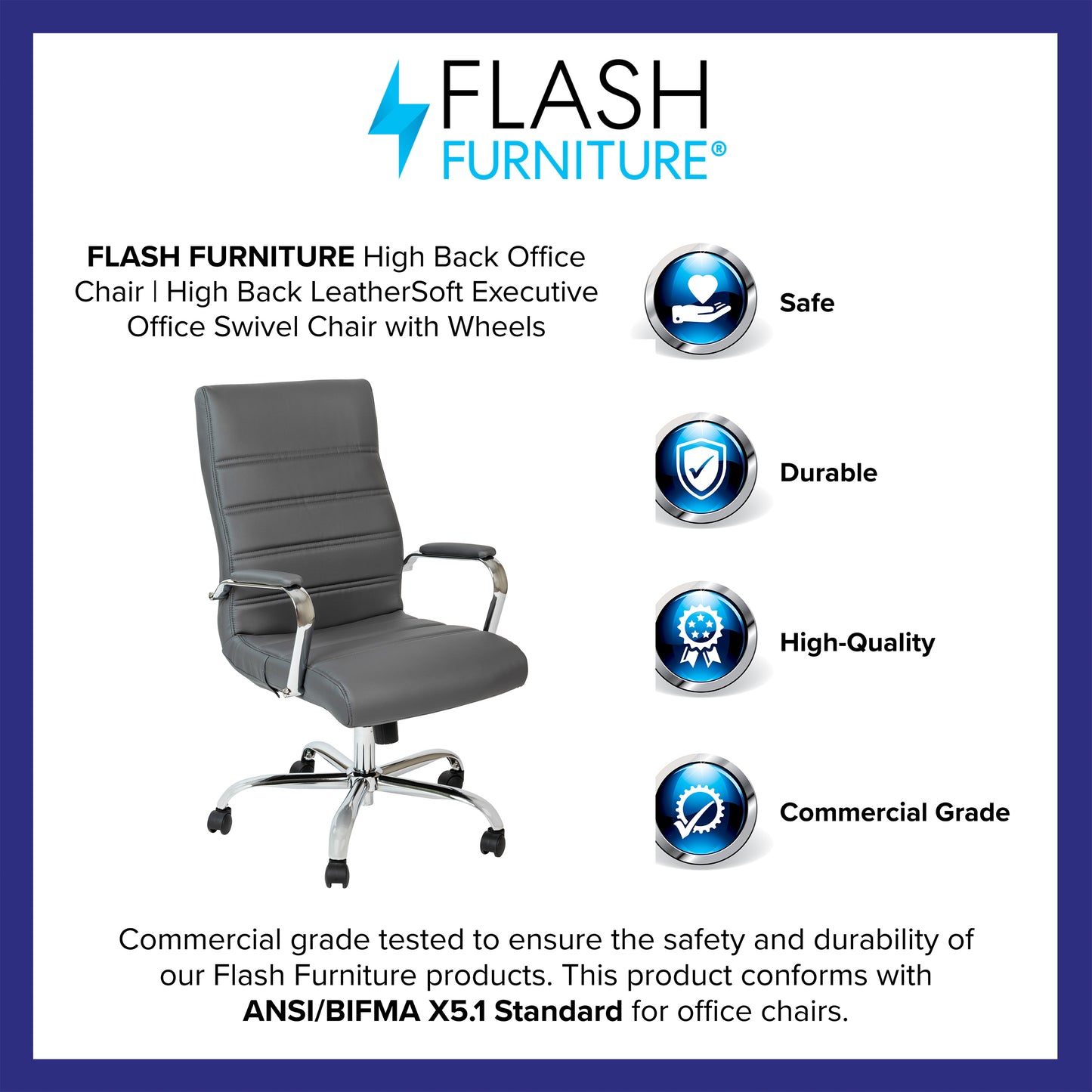 Whitney High Back Gray LeatherSoft Executive Swivel Office Chair with Chrome Frame and Arms Gray LeatherSoft/Chrome Frame