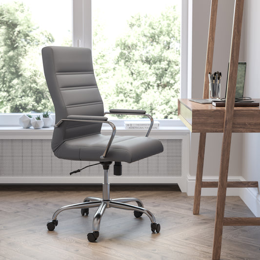 Whitney High Back Gray LeatherSoft Executive Swivel Office Chair with Chrome Frame and Arms Gray LeatherSoft/Chrome Frame GO-2286H-GR-GG