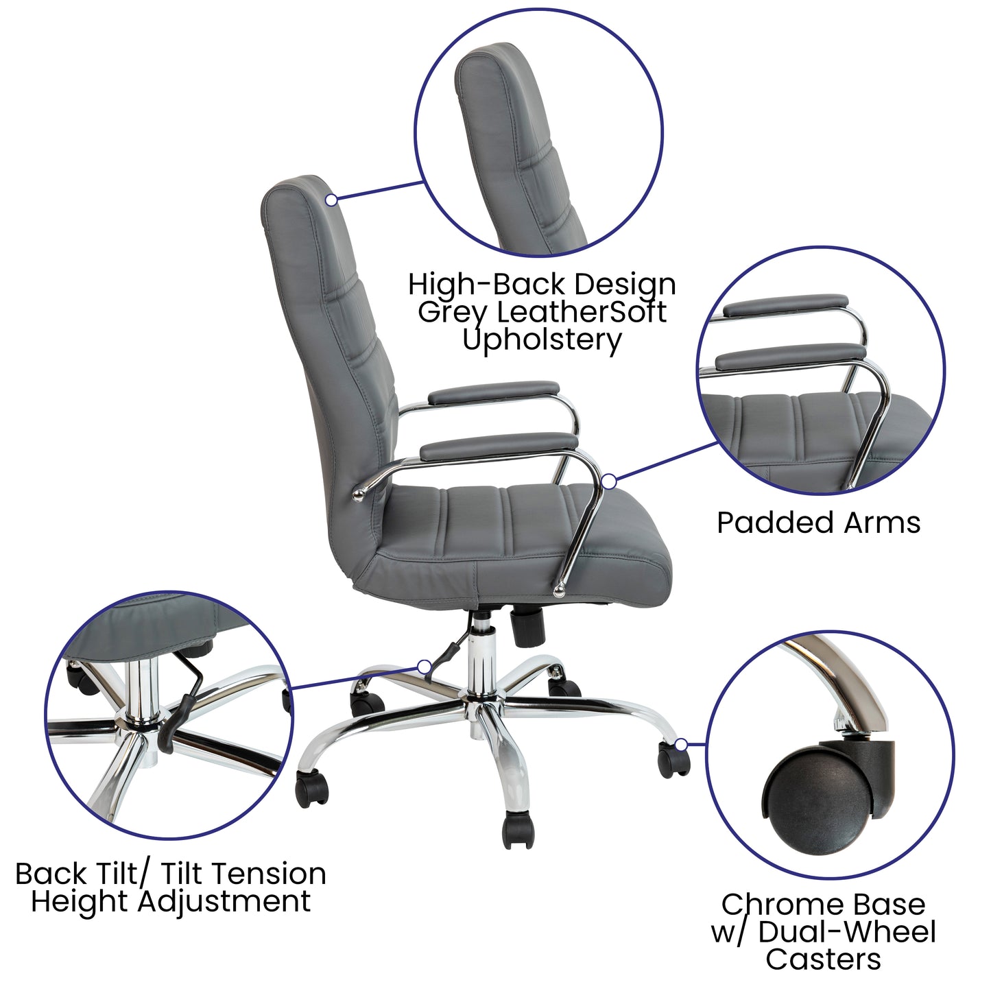 Whitney High Back Gray LeatherSoft Executive Swivel Office Chair with Chrome Frame and Arms Gray LeatherSoft/Chrome Frame