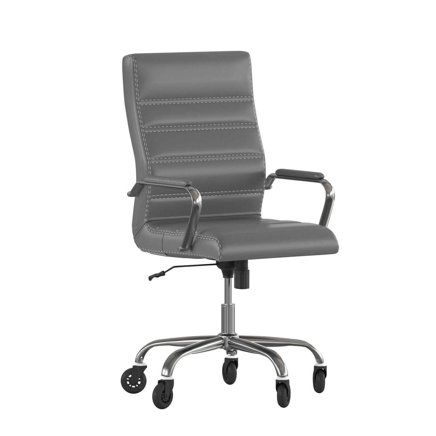 Whitney High Back Gray LeatherSoft Executive Swivel Office Chair with Chrome Frame, Arms, and Transparent Roller Wheels Gray LeatherSoft/Chrome Frame