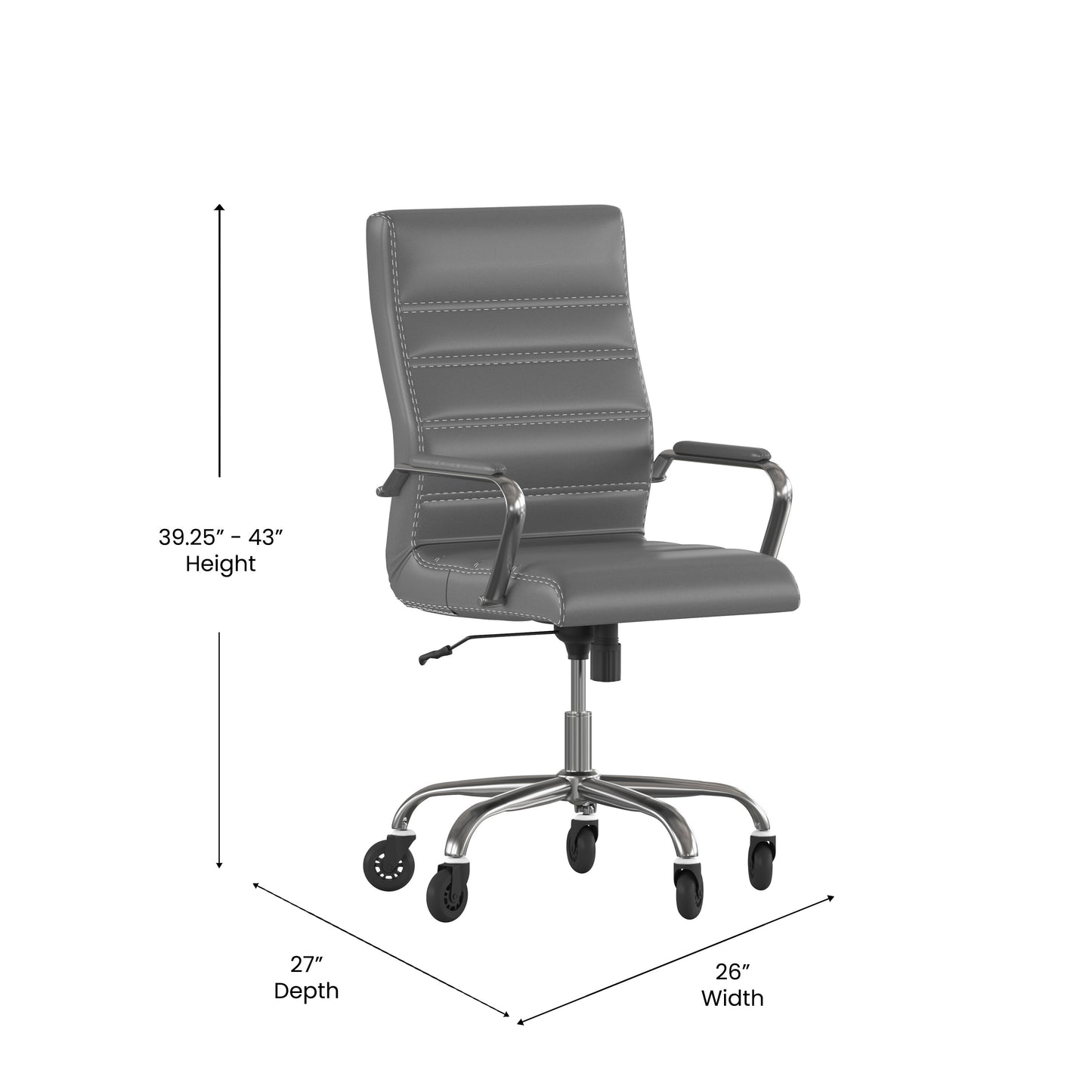 Whitney High Back Gray LeatherSoft Executive Swivel Office Chair with Chrome Frame, Arms, and Transparent Roller Wheels Gray LeatherSoft/Chrome Frame